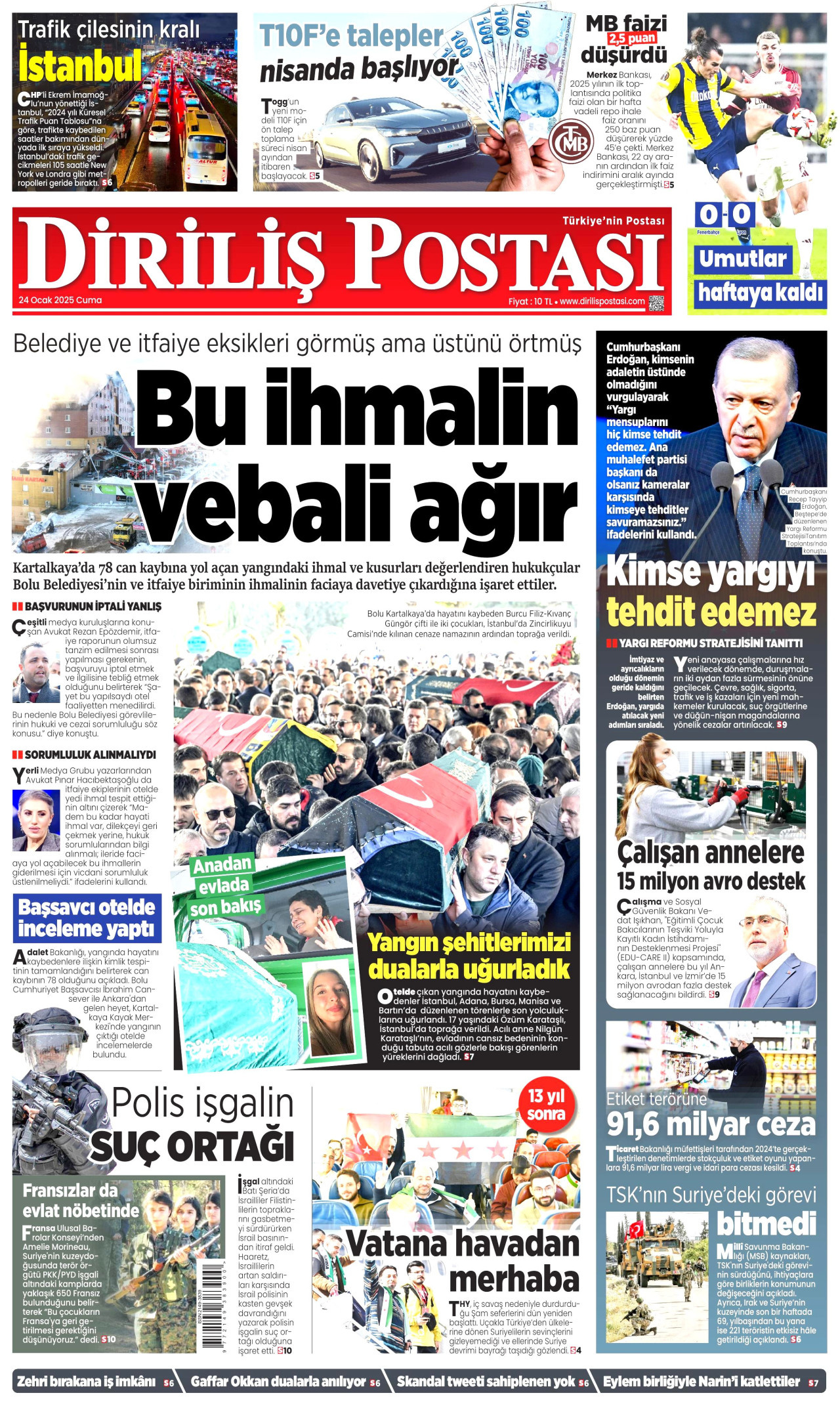 DİRİLİŞ POSTASI gazetesinin 24 Ocak 2025 tarihli birinci sayfası