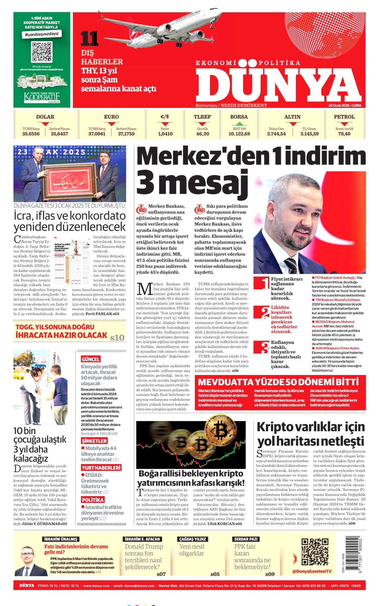 DÜNYA gazetesinin 24 Ocak 2025 tarihli birinci sayfası
