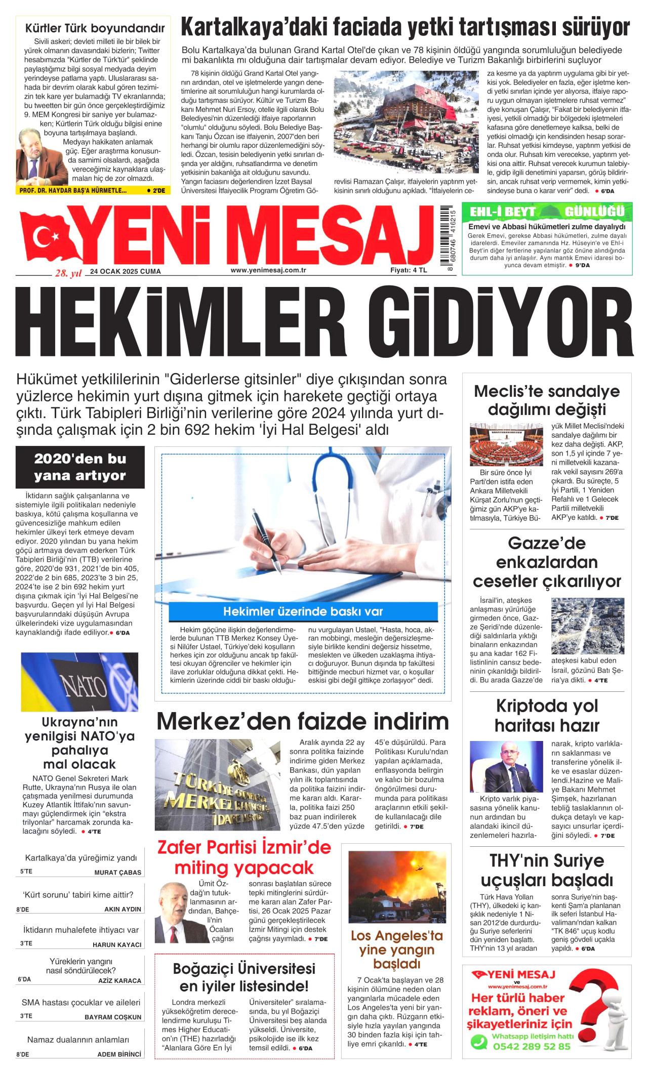 YENİ MESAJ gazetesinin 24 Ocak 2025 tarihli birinci sayfası