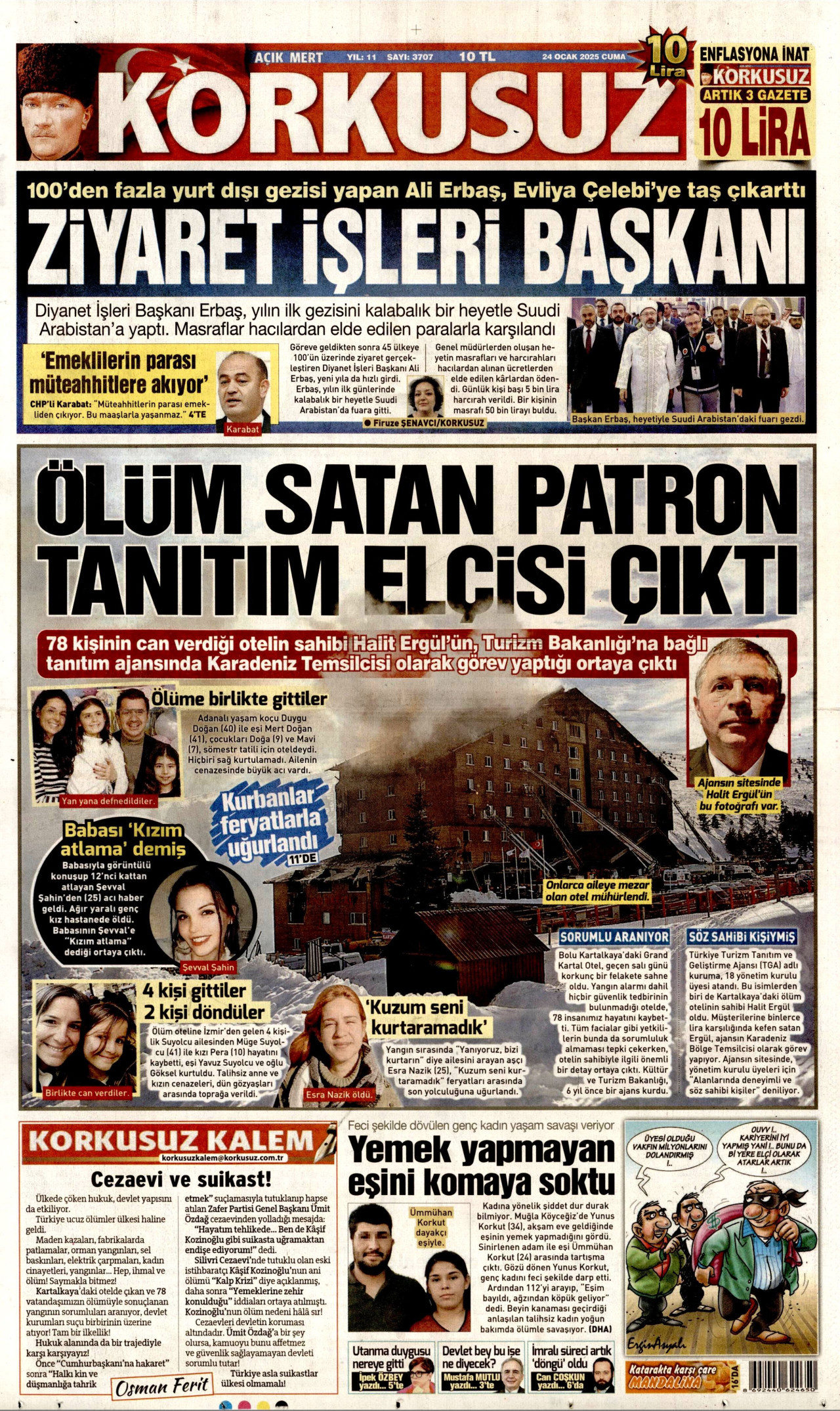 KORKUSUZ gazetesinin 24 Ocak 2025 tarihli birinci sayfası
