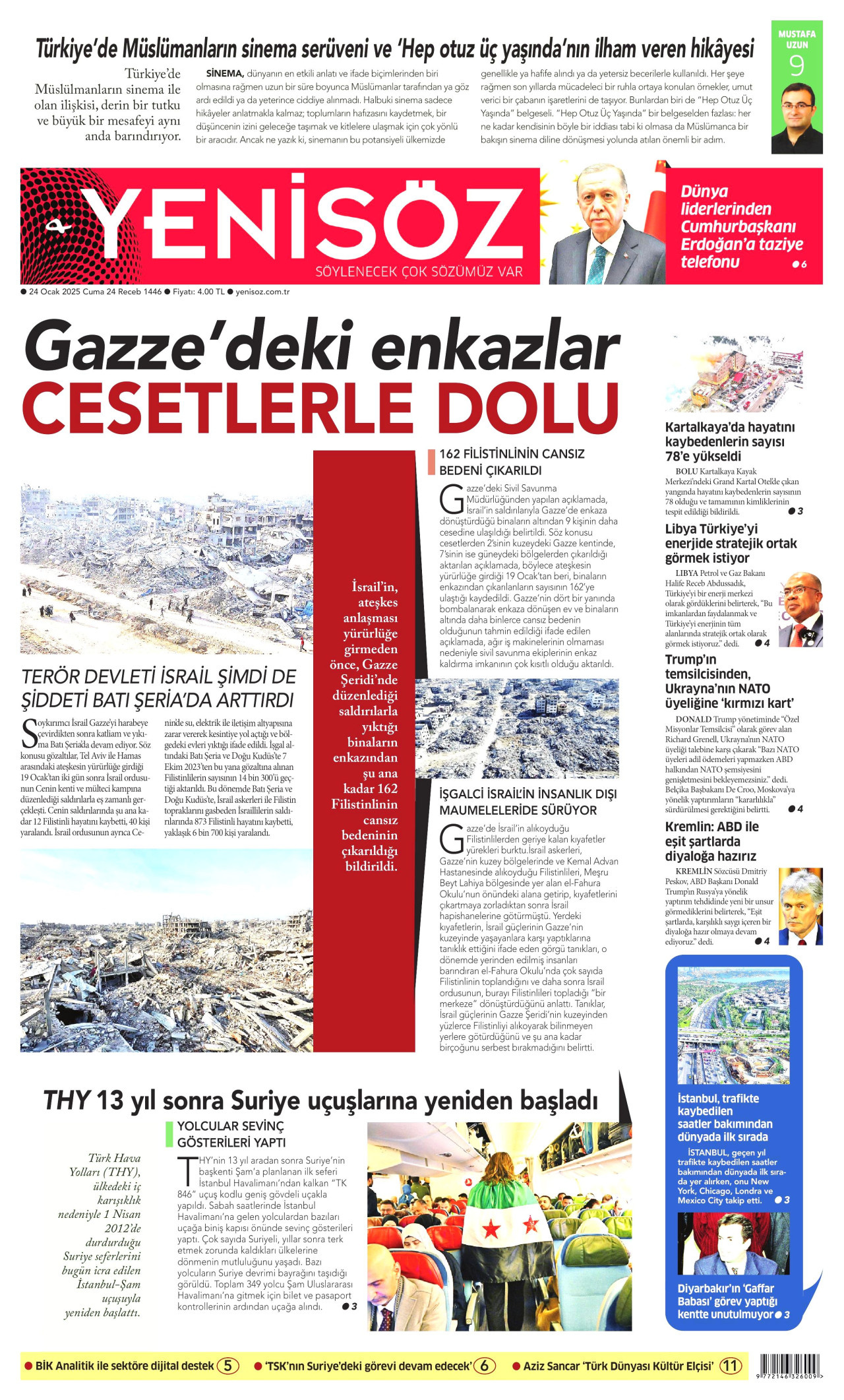 YENİ SÖZ GAZETESİ gazetesinin 24 Ocak 2025 tarihli birinci sayfası