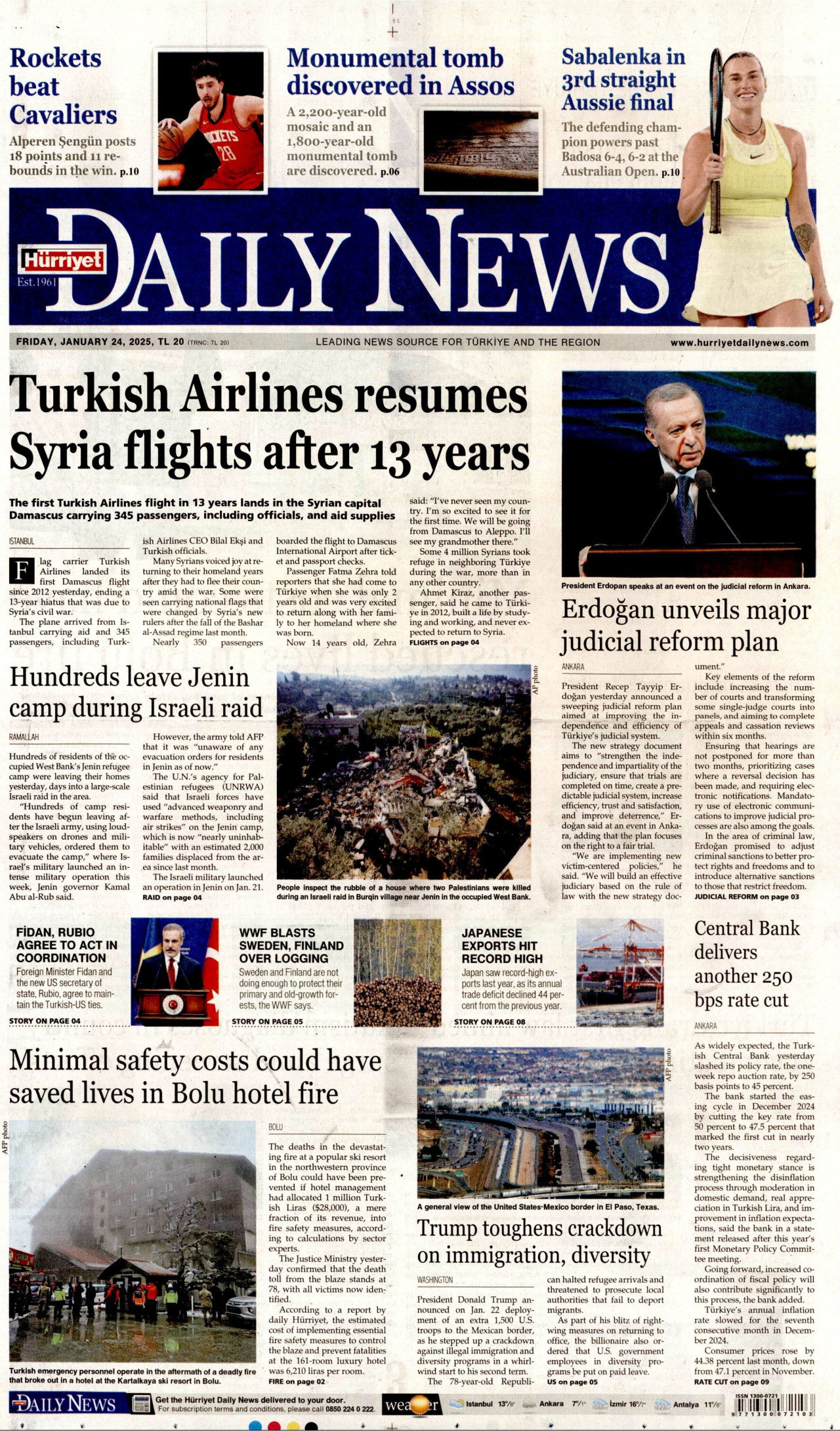 HÜRRİYET DAİLY NEWS gazetesinin 24 Ocak 2025 tarihli birinci sayfası