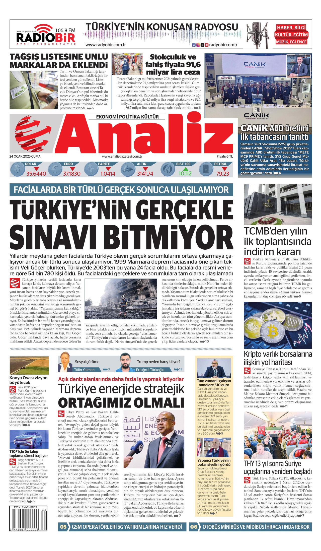 ANALİZ gazetesinin 24 Ocak 2025 tarihli birinci sayfası