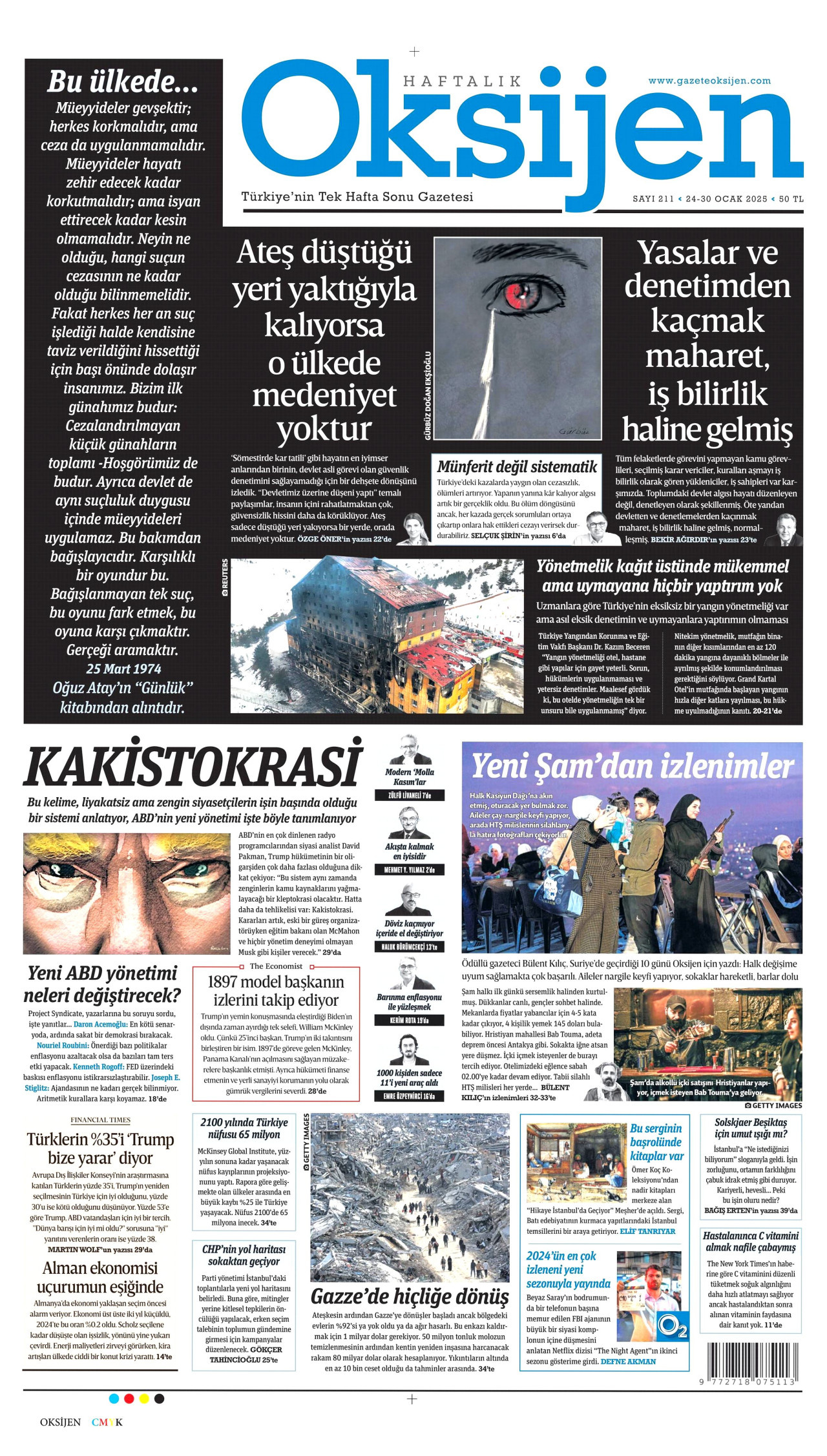 OKSİJEN gazetesinin 24 Ocak 2025 tarihli birinci sayfası