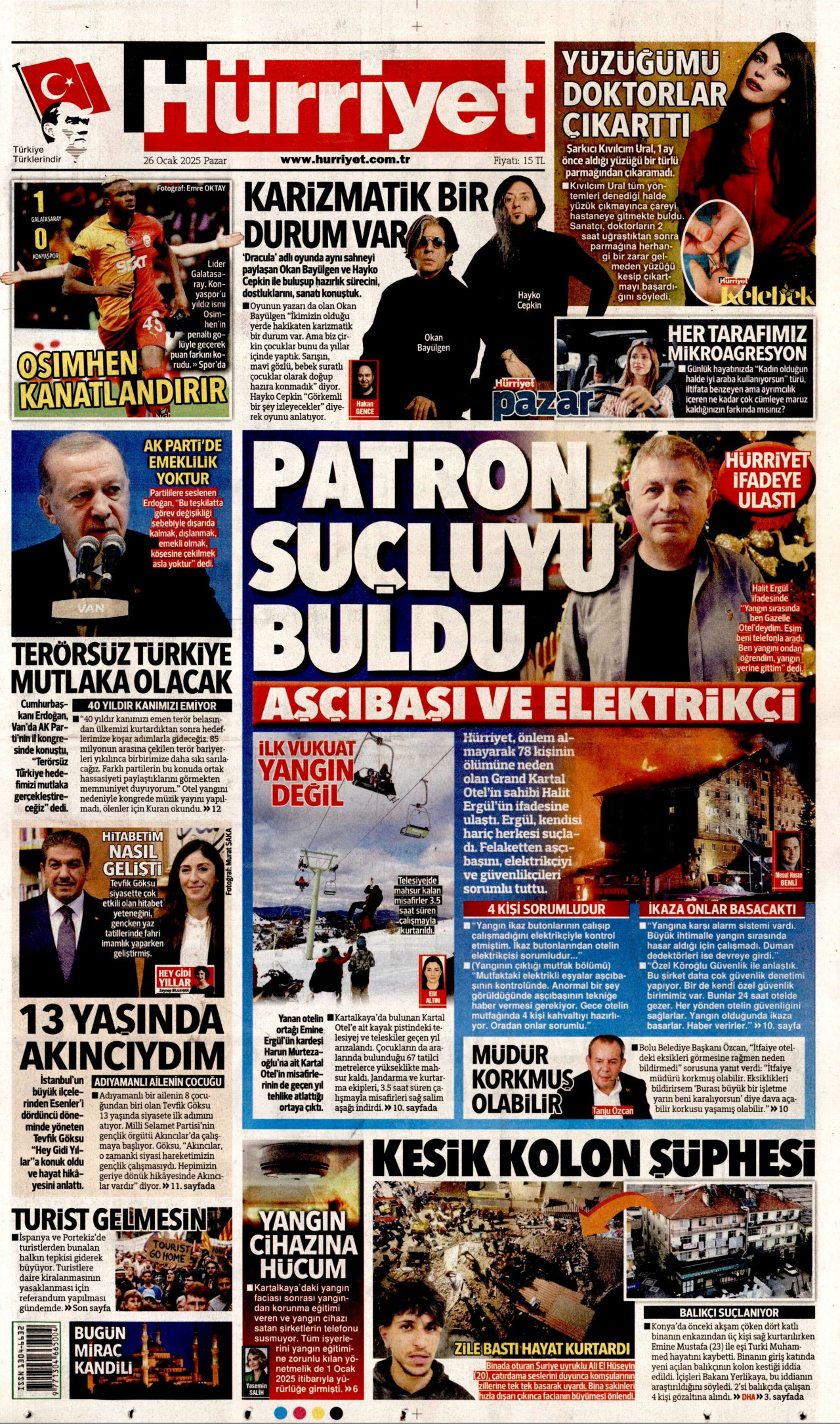 HÜRRİYET gazetesinin 26 Ocak 2025 tarihli birinci sayfası