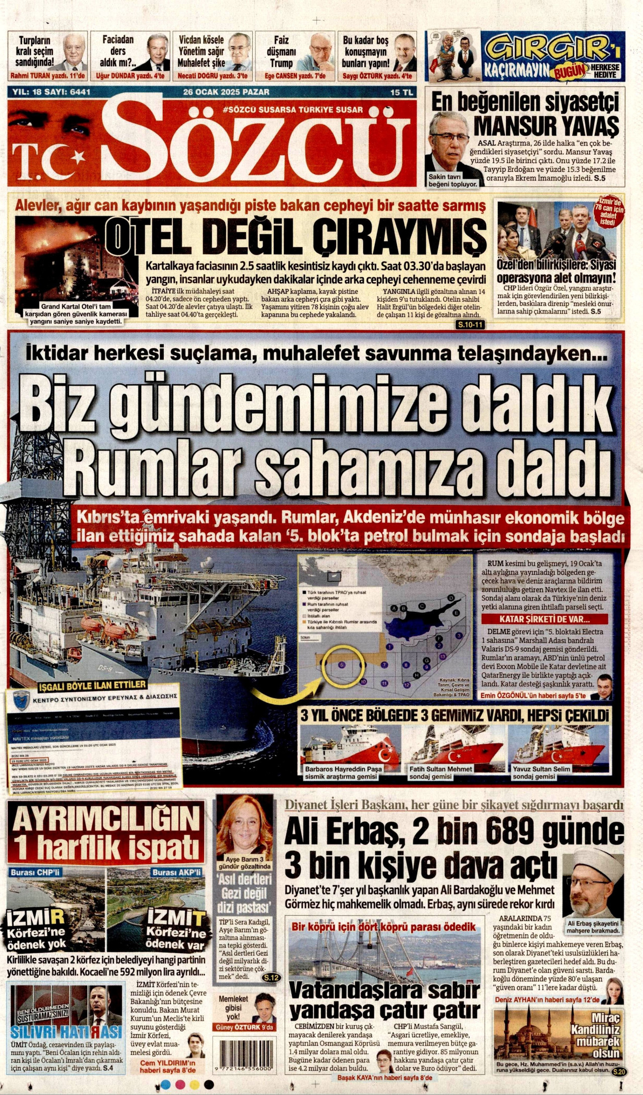 SÖZCÜ gazetesinin 26 Ocak 2025 tarihli birinci sayfası