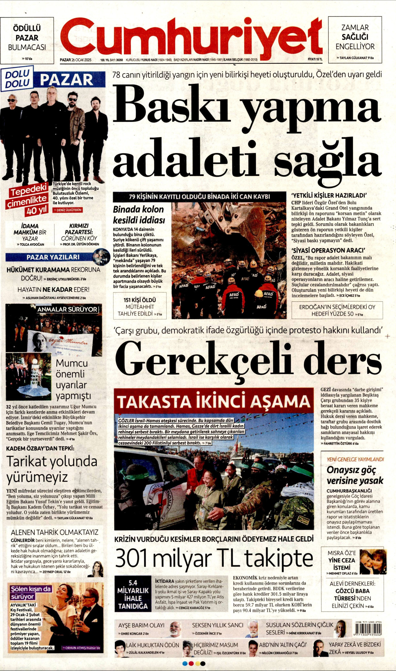 CUMHURİYET gazetesinin 26 Ocak 2025 tarihli birinci sayfası