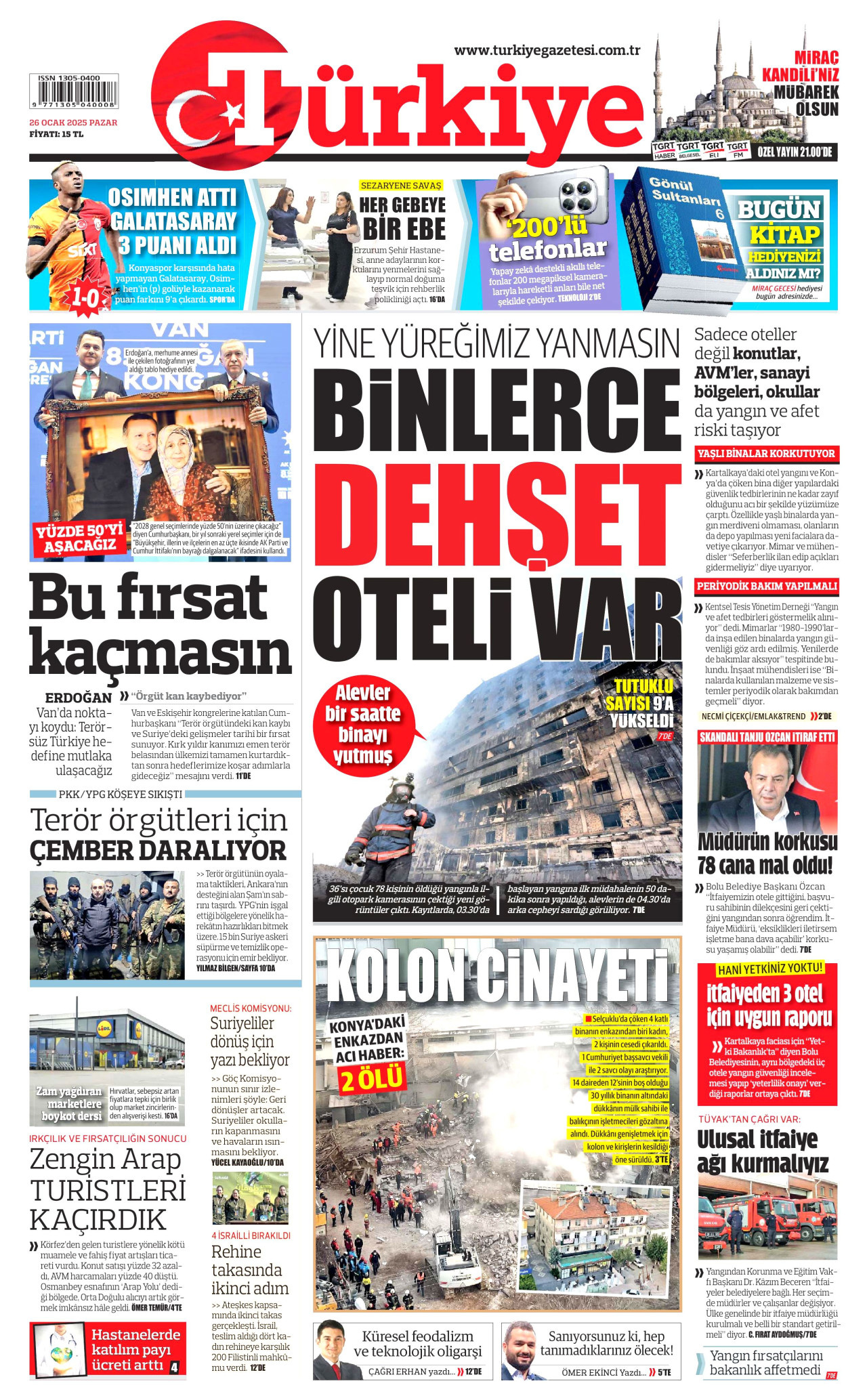 TÜRKİYE GAZETESİ gazetesinin 26 Ocak 2025 tarihli birinci sayfası