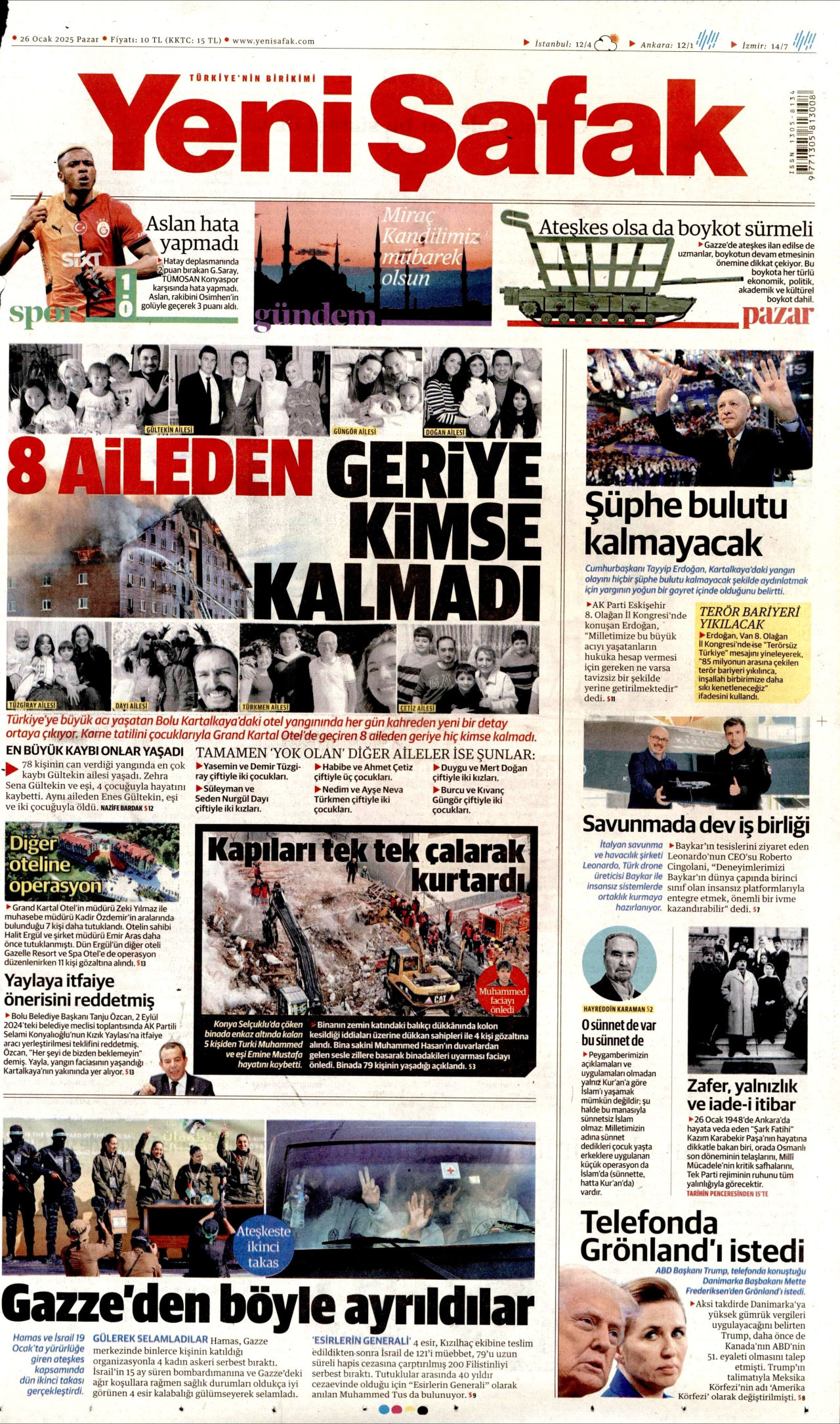 YENİ ŞAFAK gazetesinin 26 Ocak 2025 tarihli birinci sayfası
