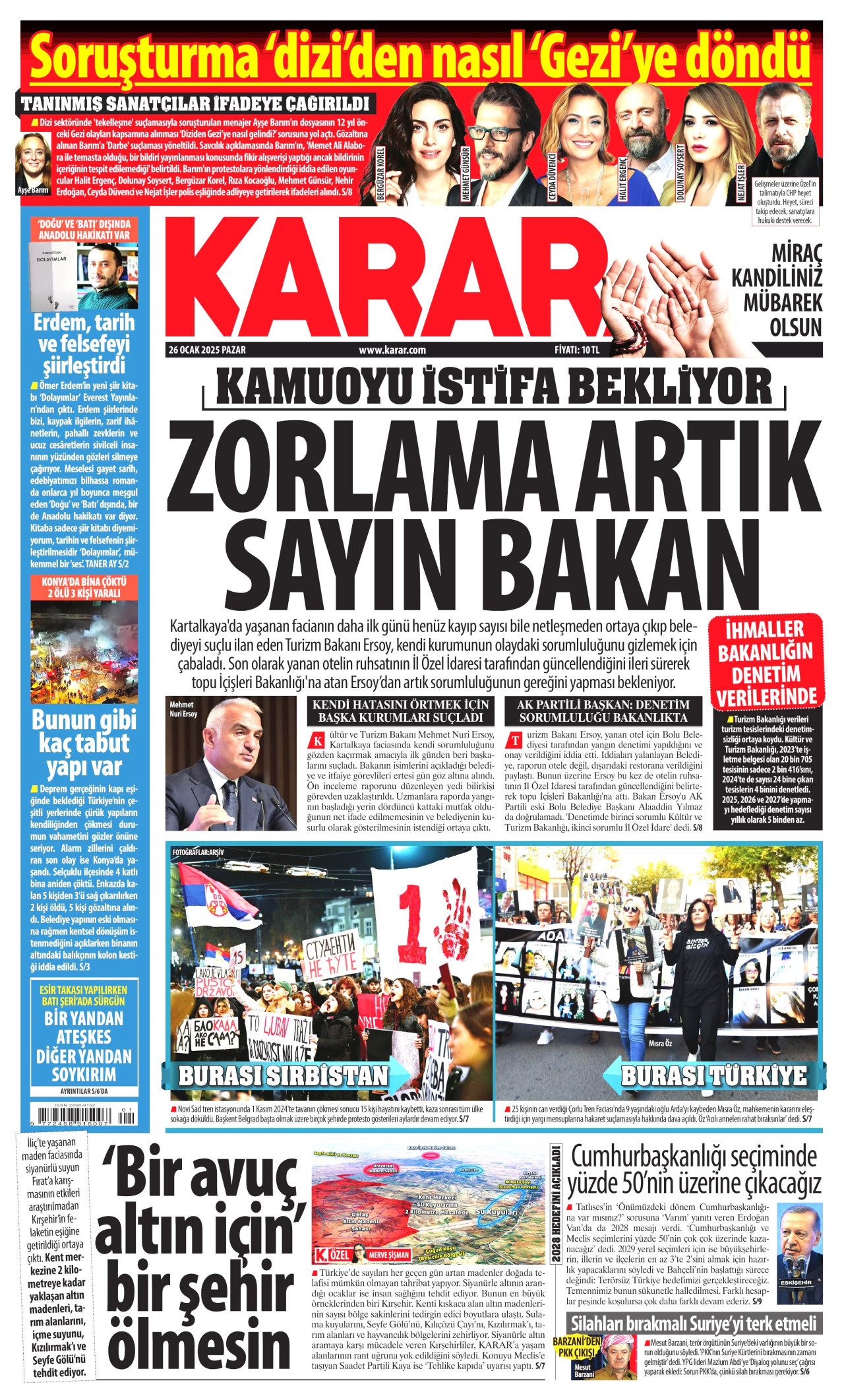 KARAR gazetesinin 26 Ocak 2025 tarihli birinci sayfası