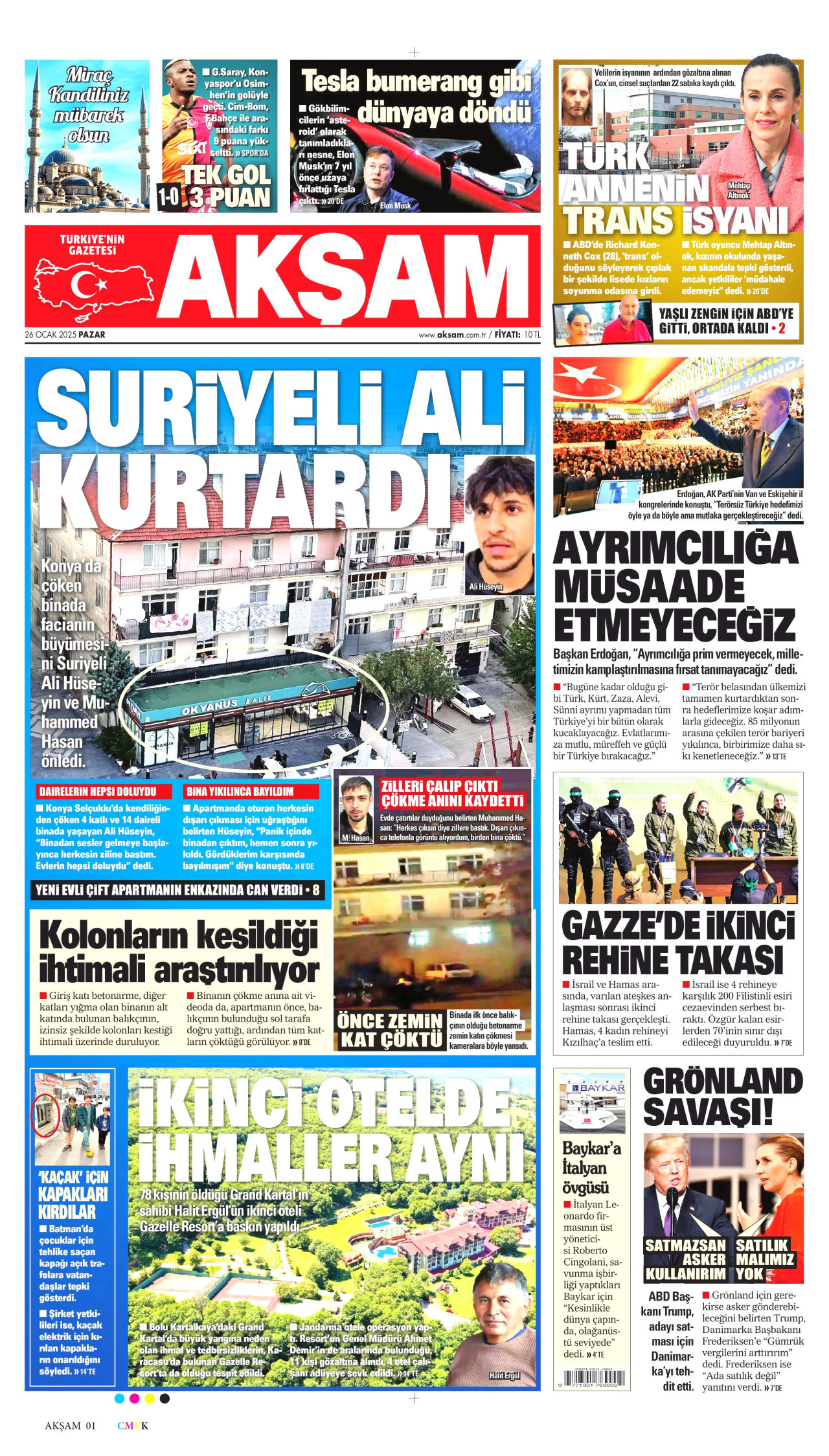 AKŞAM gazetesinin 26 Ocak 2025 tarihli birinci sayfası