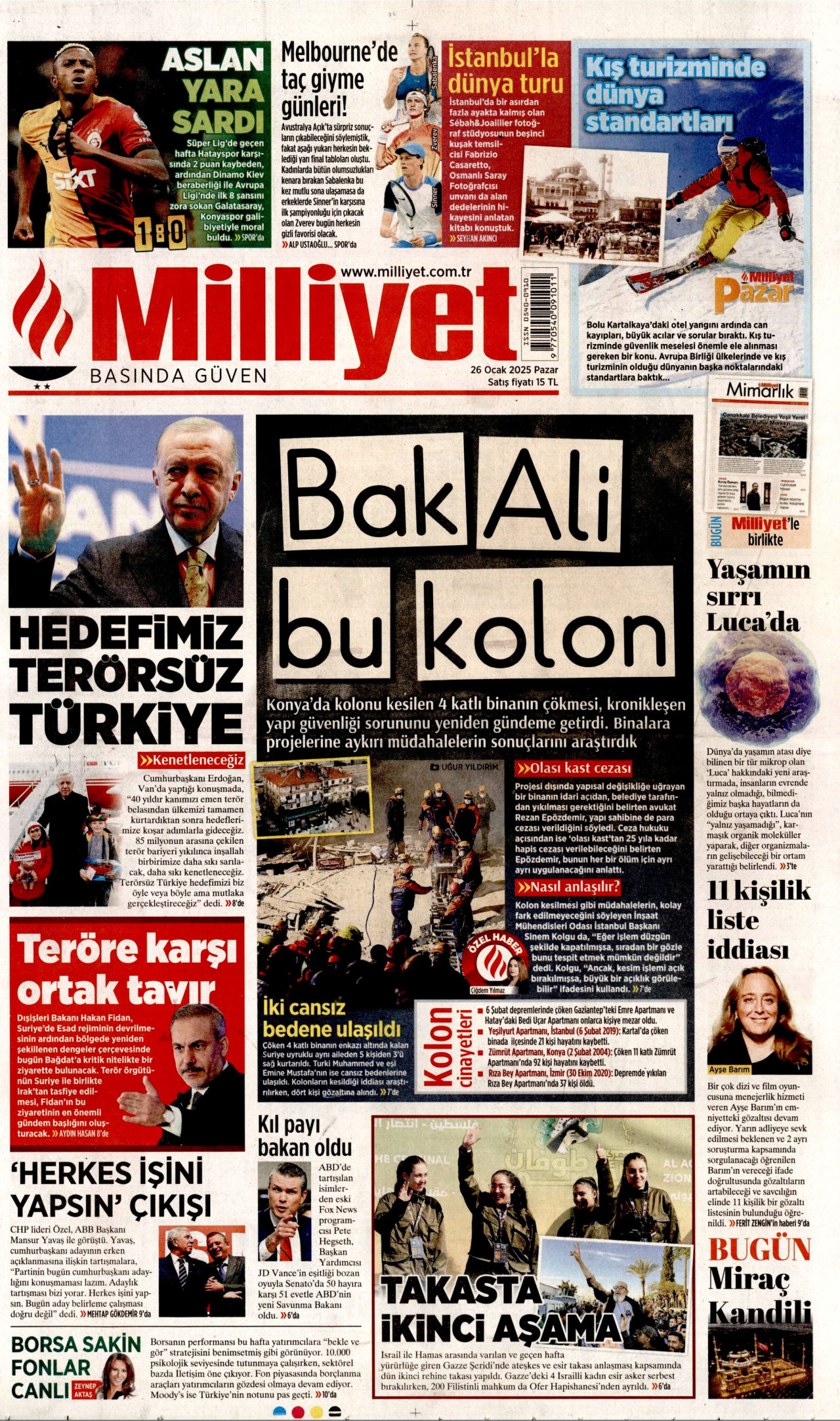 MİLLİYET gazetesinin 26 Ocak 2025 tarihli birinci sayfası