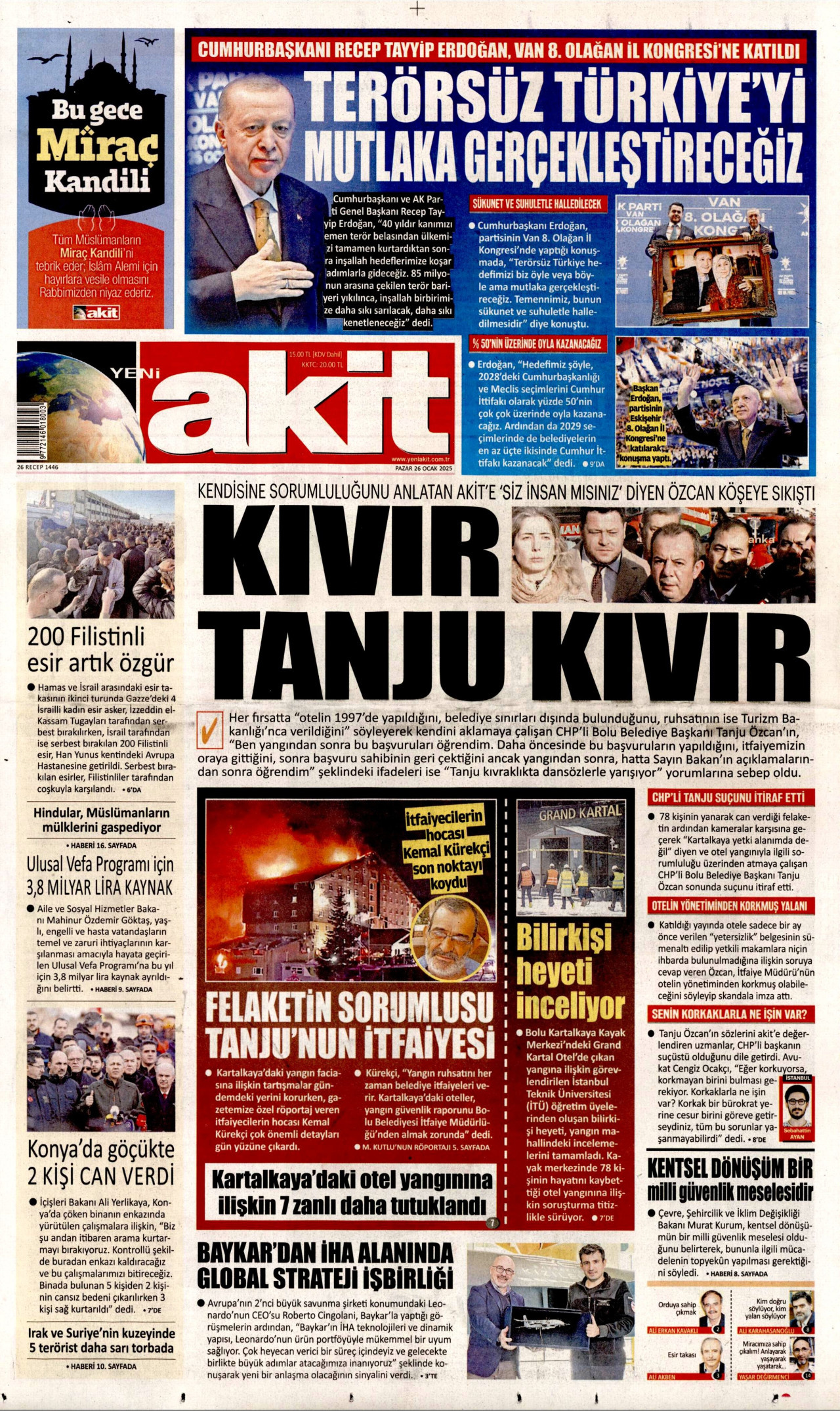 YENİ AKİT gazetesinin 26 Ocak 2025 tarihli birinci sayfası