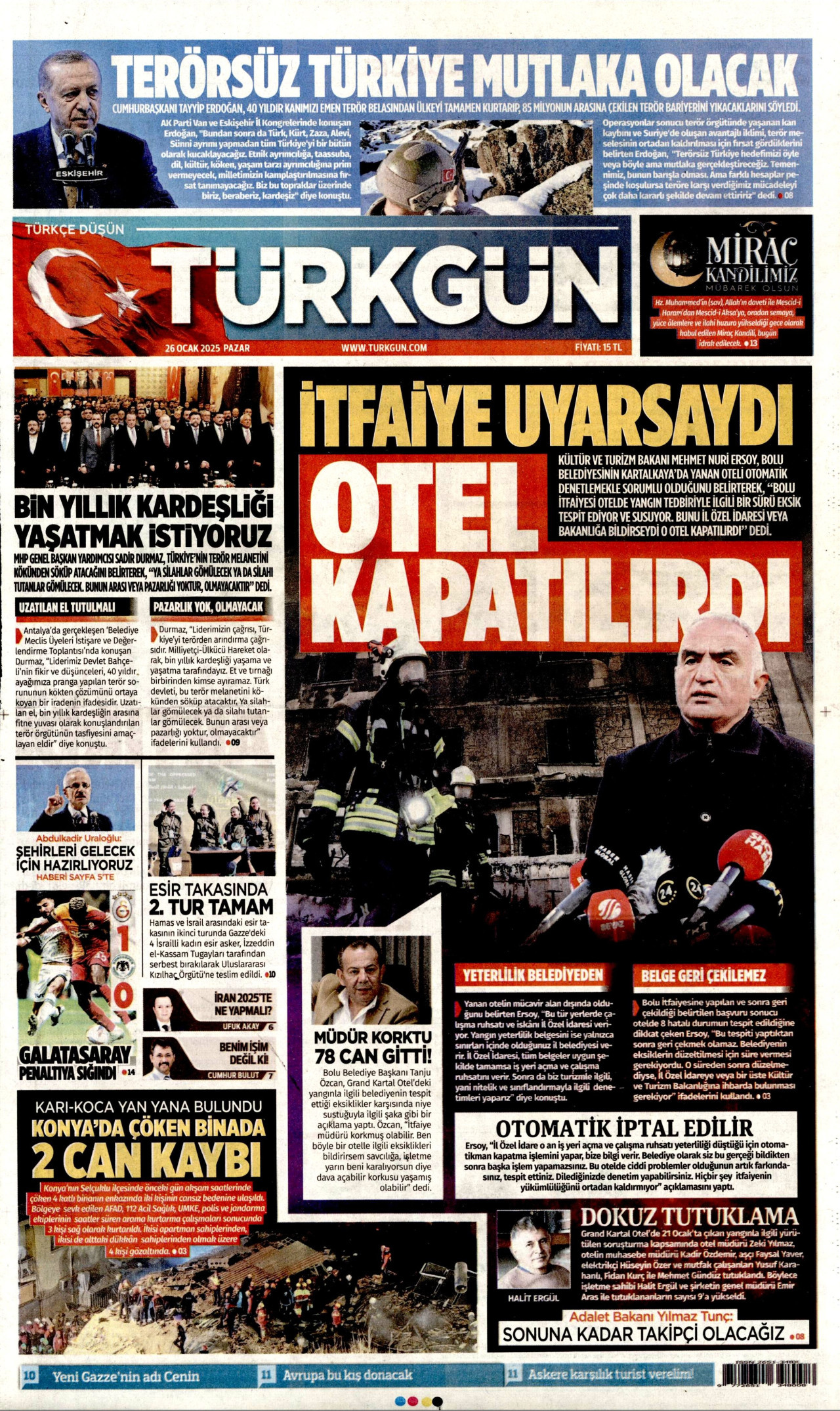 TÜRKGÜN gazetesinin 26 Ocak 2025 tarihli birinci sayfası