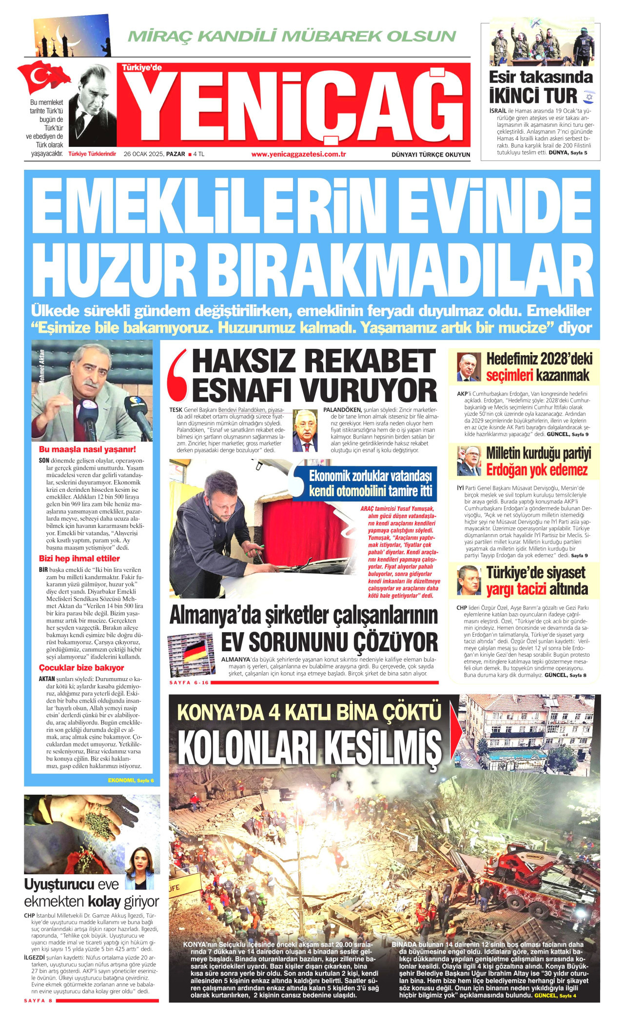 YENİÇAĞ gazetesinin 26 Ocak 2025 tarihli birinci sayfası