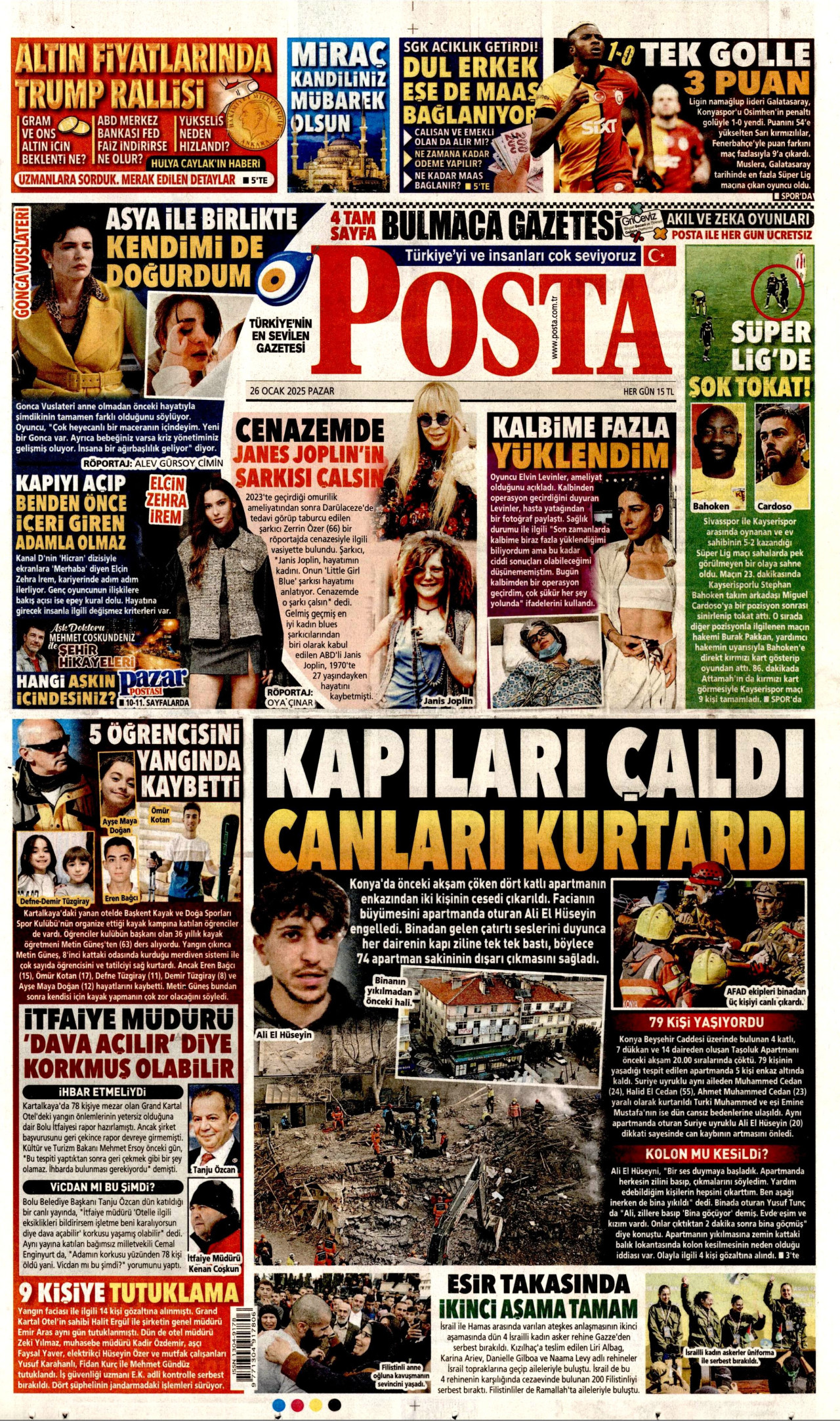 POSTA gazetesinin 26 Ocak 2025 tarihli birinci sayfası