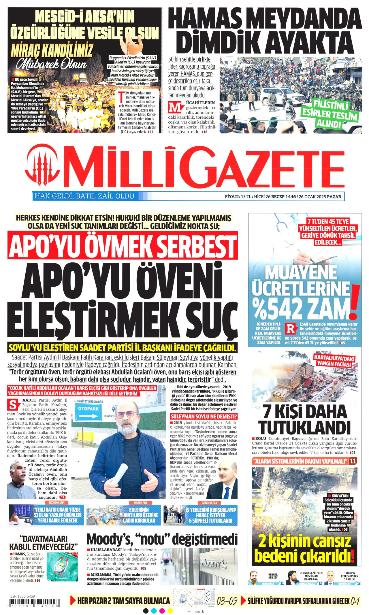 MİLLİ GAZETE gazetesinin 26 Ocak 2025 tarihli birinci sayfası