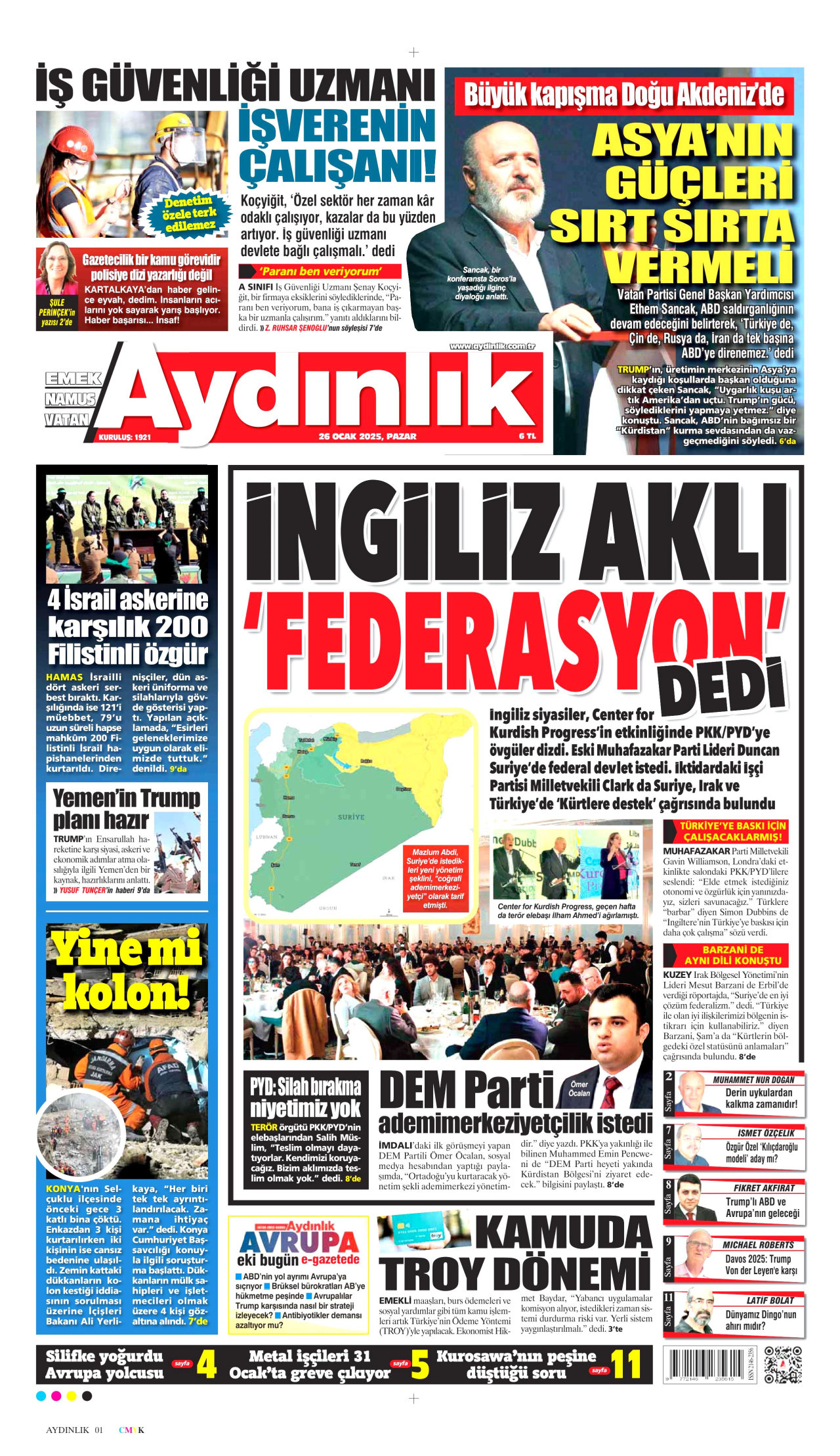 AYDINLIK GAZETESİ gazetesinin 26 Ocak 2025 tarihli birinci sayfası