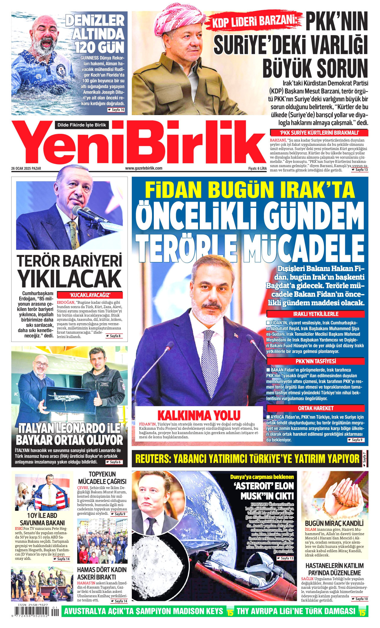 YENİBİRLİK gazetesinin 26 Ocak 2025 tarihli birinci sayfası