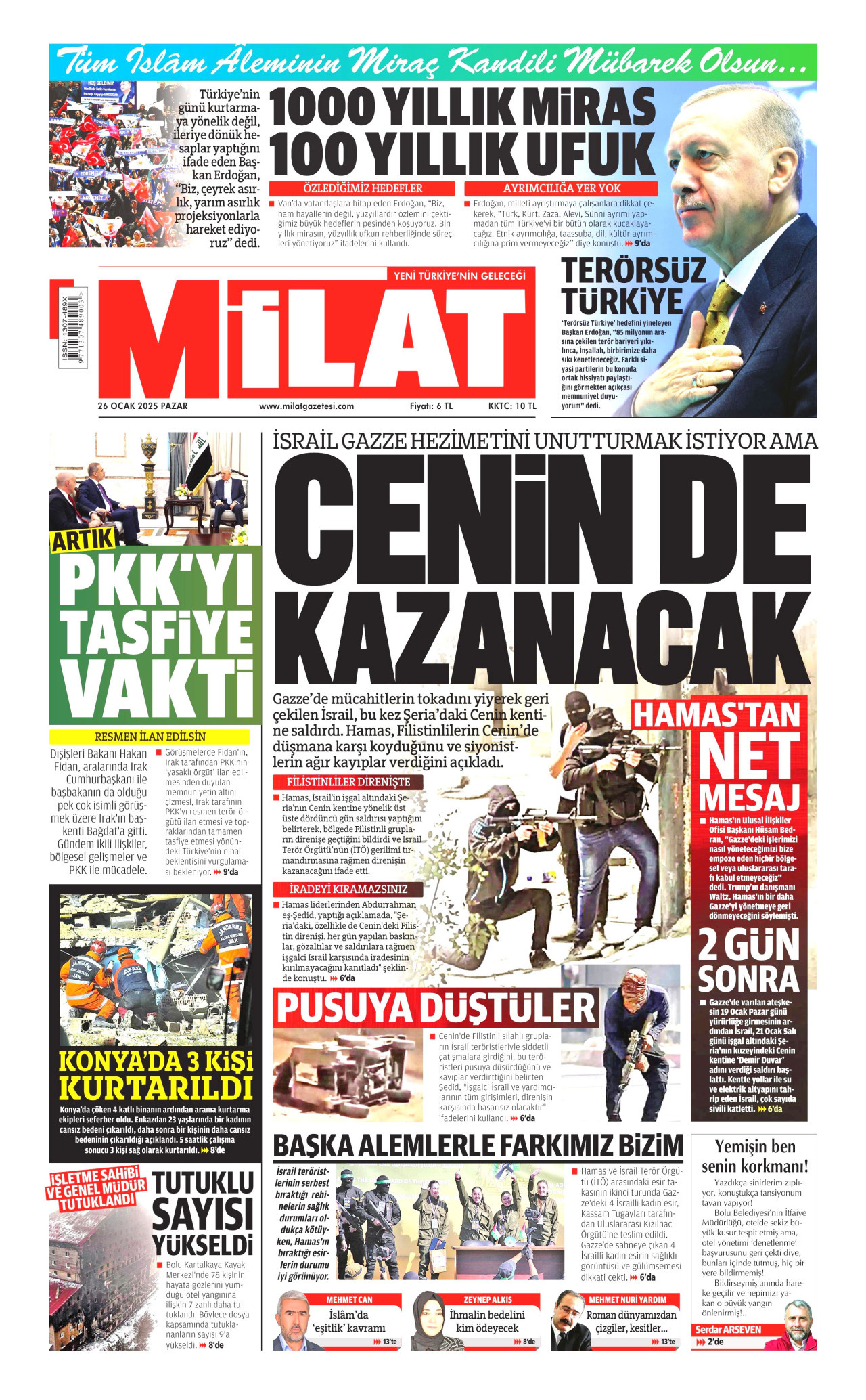 MİLAT gazetesinin 26 Ocak 2025 tarihli birinci sayfası