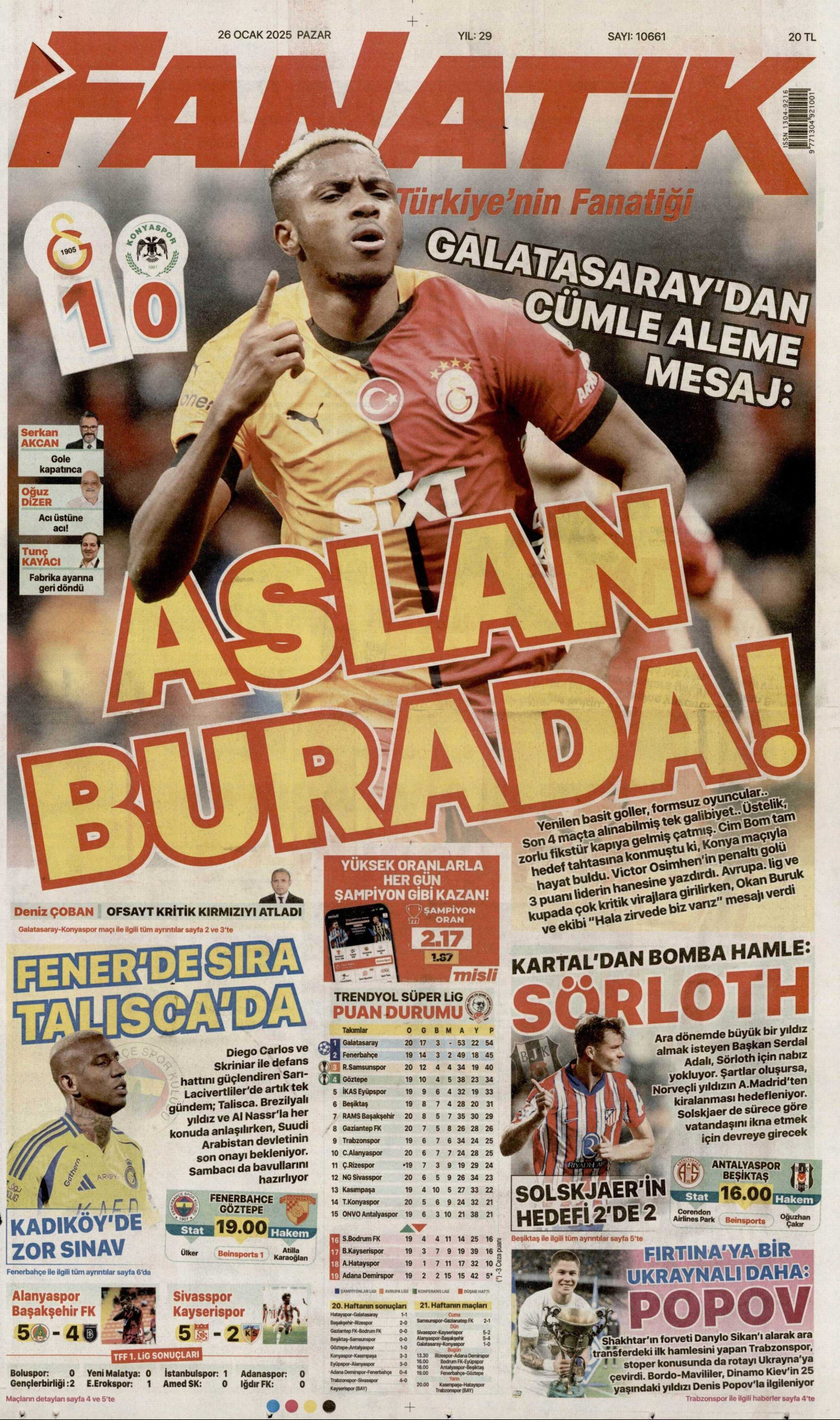 FANATİK gazetesinin 26 Ocak 2025 tarihli birinci sayfası