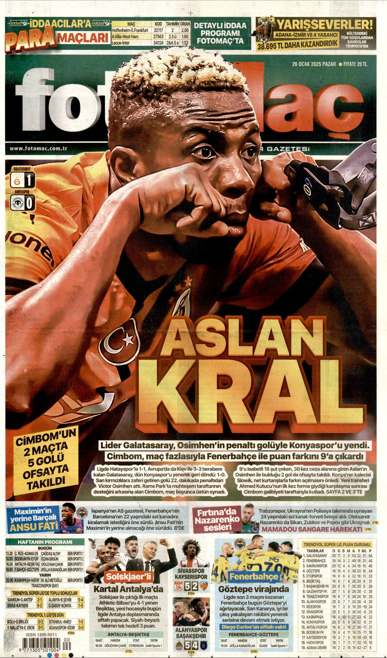 FOTOMAÇ gazetesinin 26 Ocak 2025 tarihli birinci sayfası