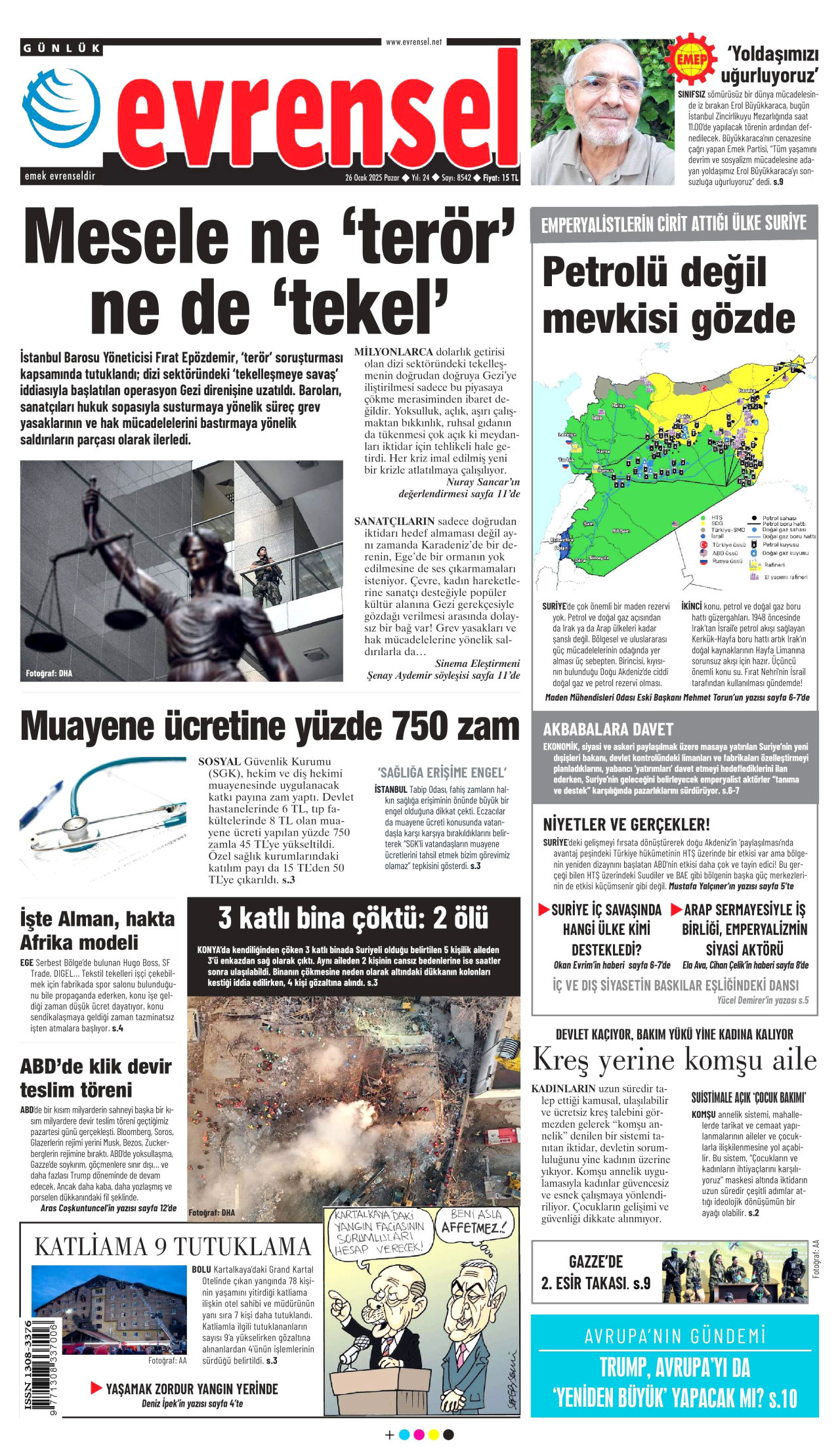 EVRENSEL gazetesinin 26 Ocak 2025 tarihli birinci sayfası
