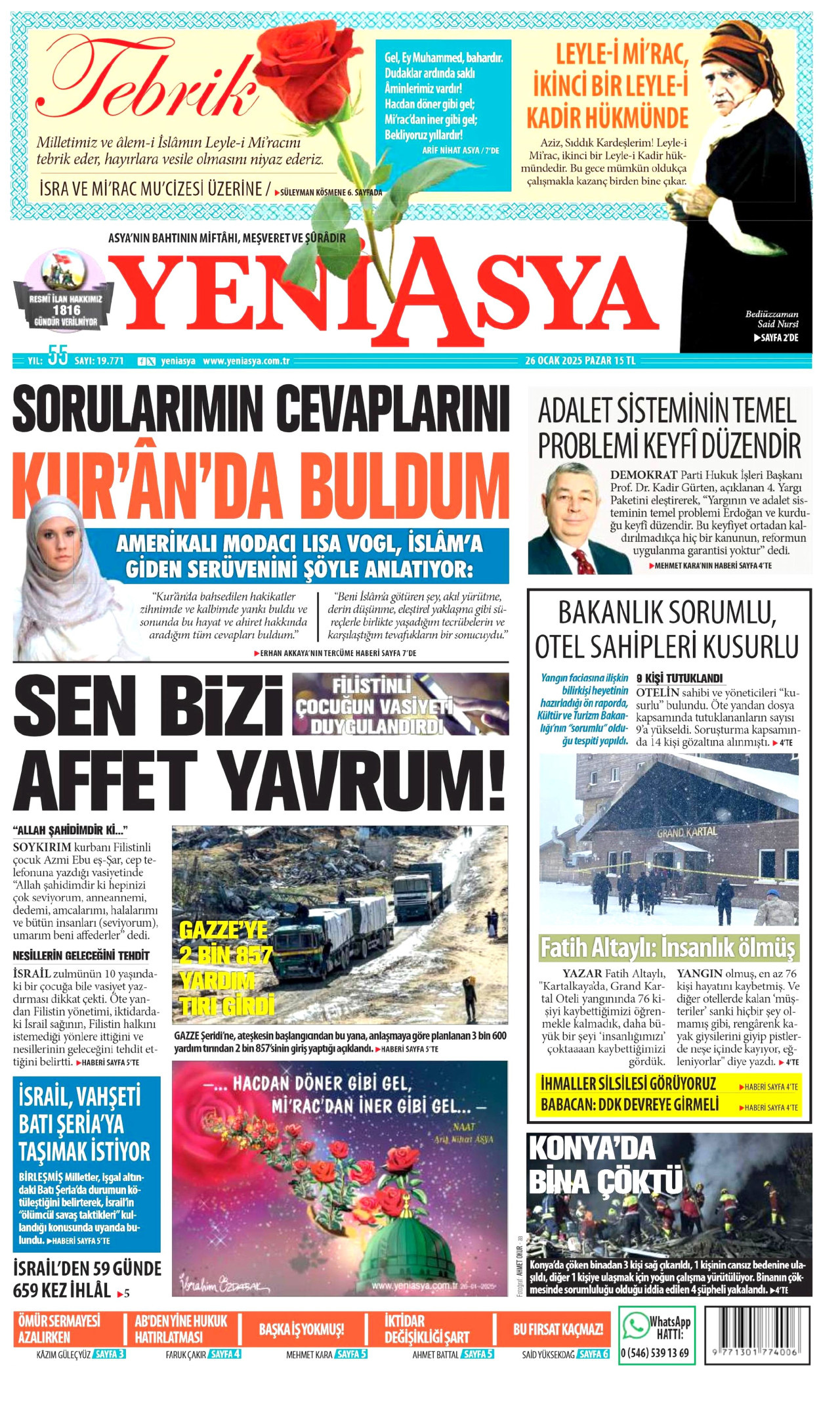 YENİ ASYA gazetesinin 26 Ocak 2025 tarihli birinci sayfası