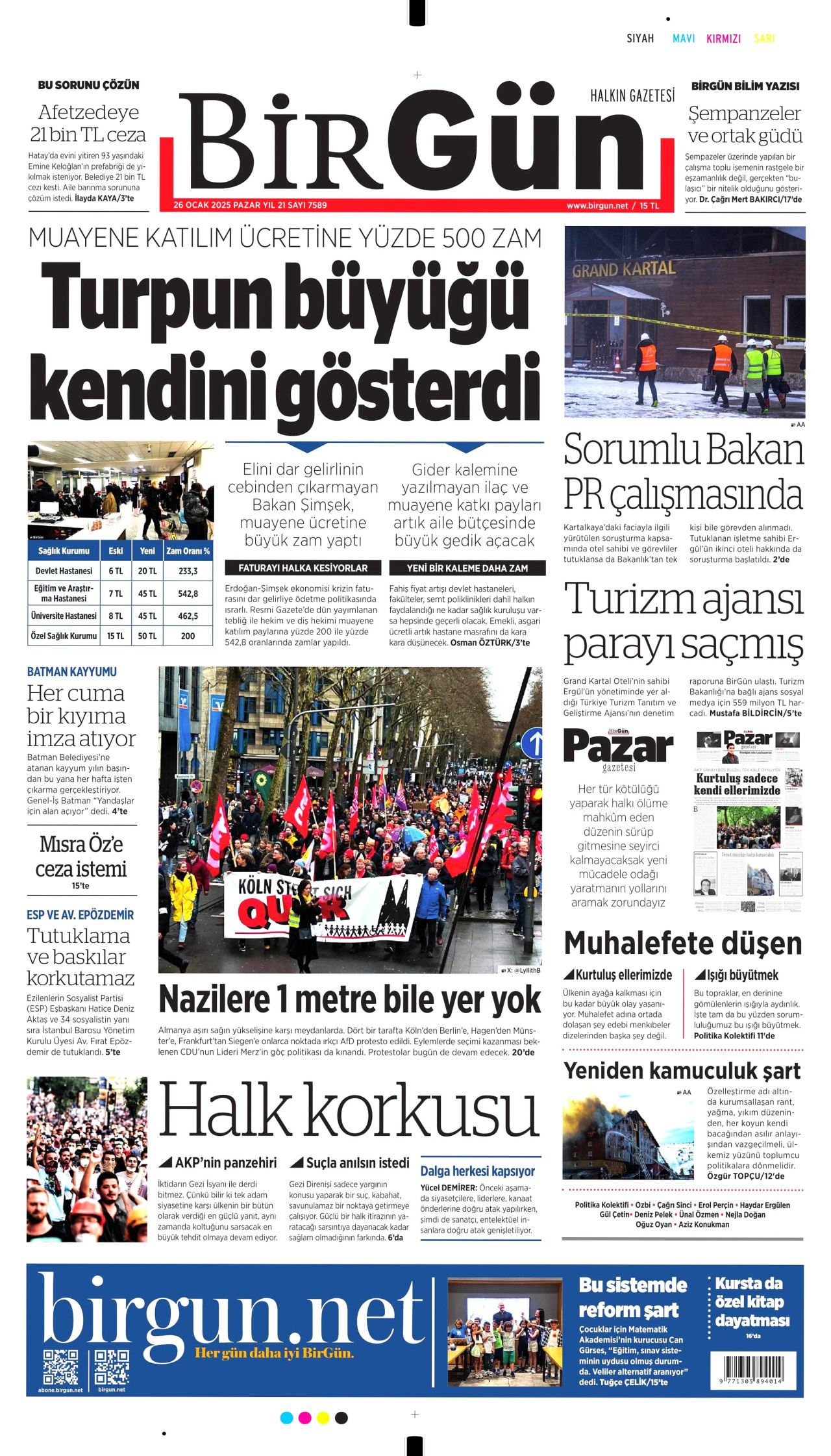 BİRGÜN gazetesinin 26 Ocak 2025 tarihli birinci sayfası