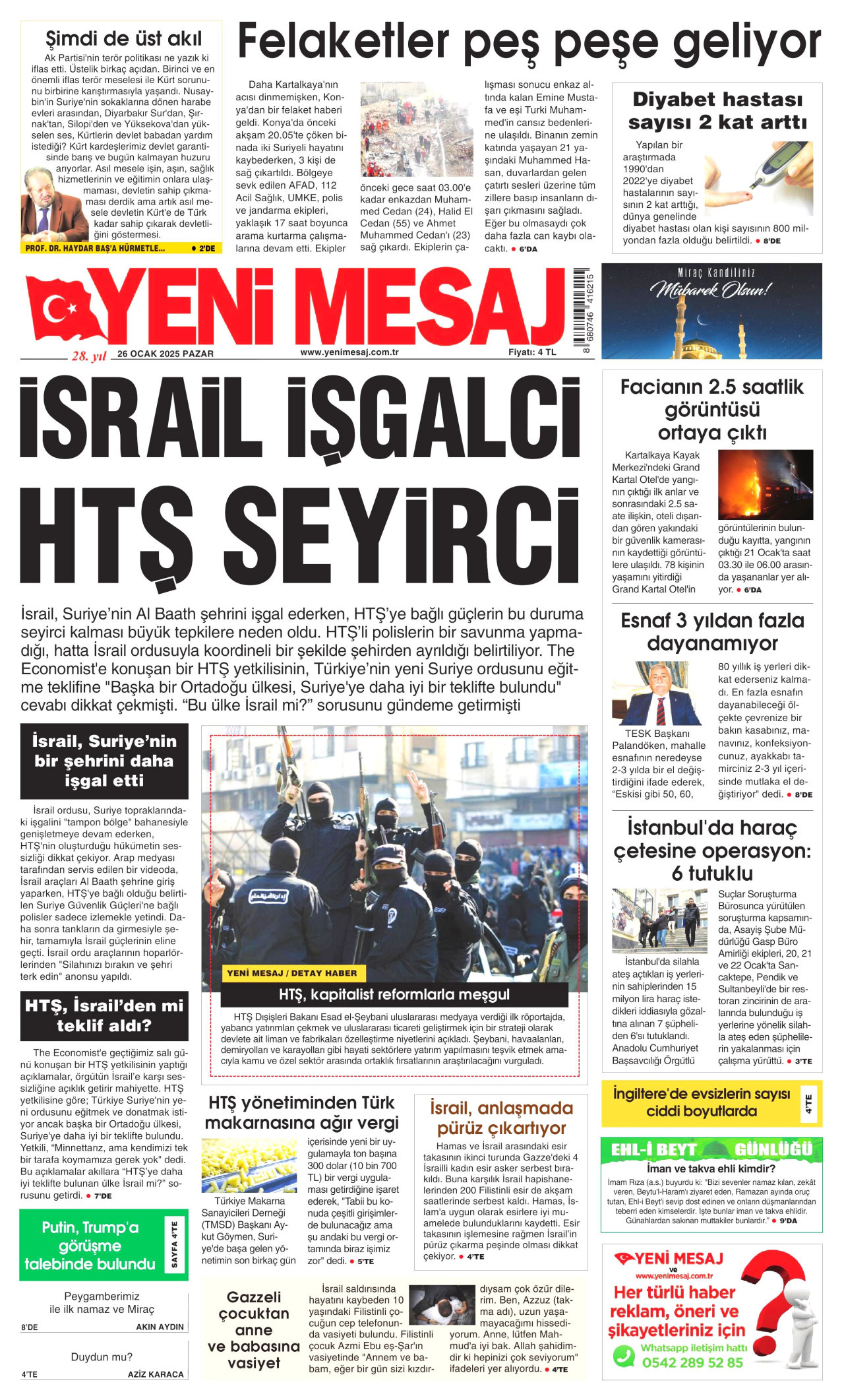 YENİ MESAJ gazetesinin 26 Ocak 2025 tarihli birinci sayfası