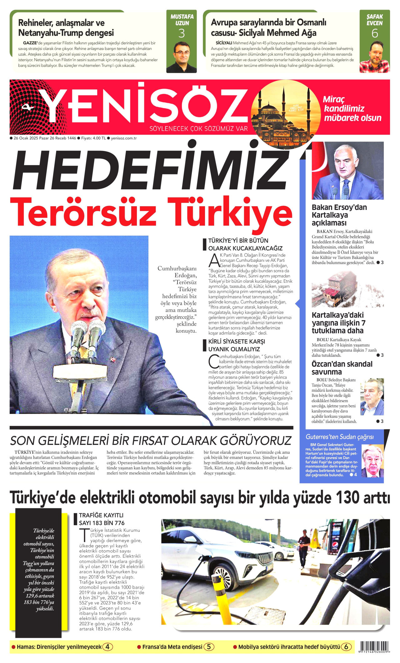 YENİ SÖZ GAZETESİ gazetesinin 26 Ocak 2025 tarihli birinci sayfası