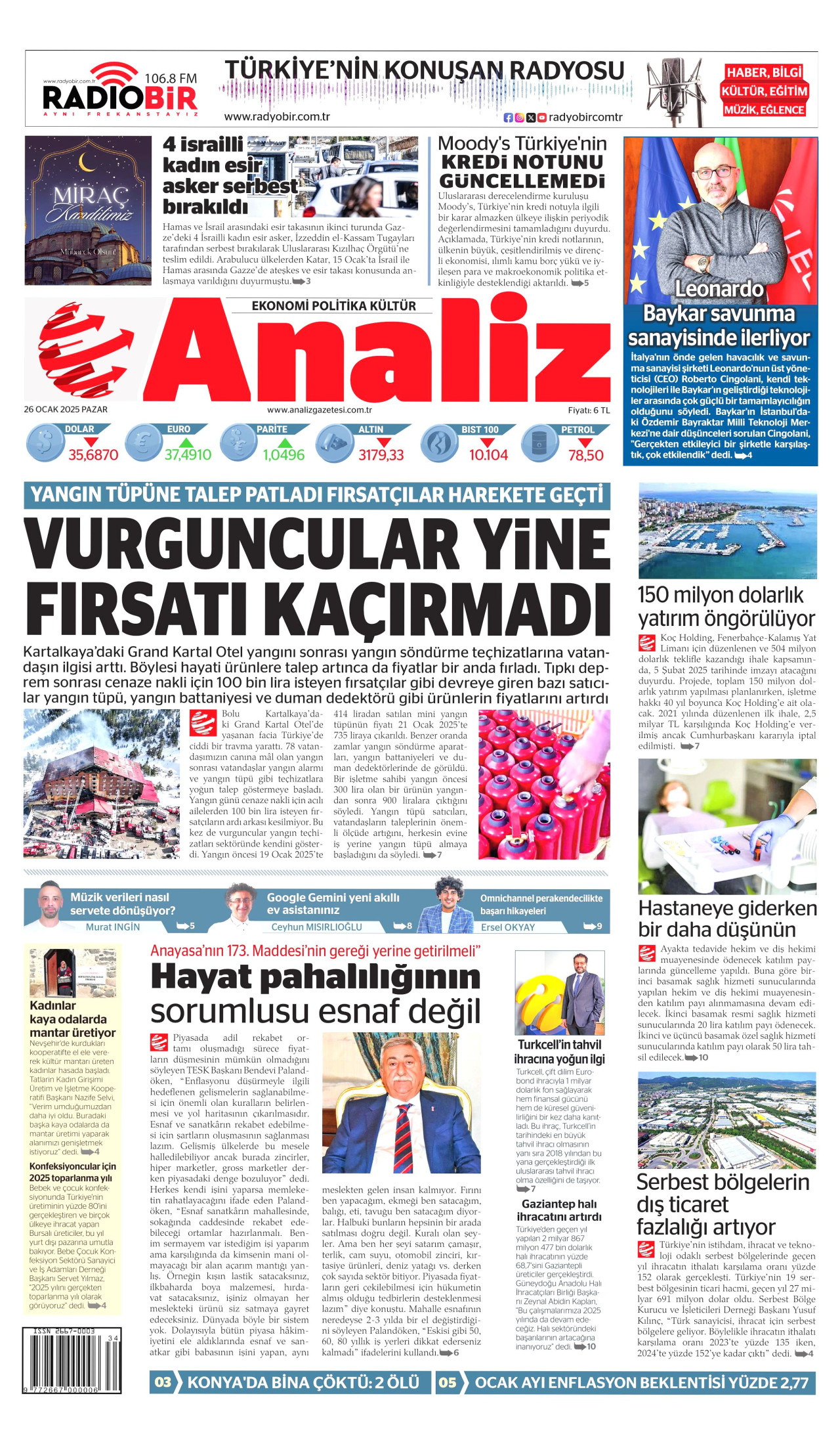 ANALİZ gazetesinin 26 Ocak 2025 tarihli birinci sayfası