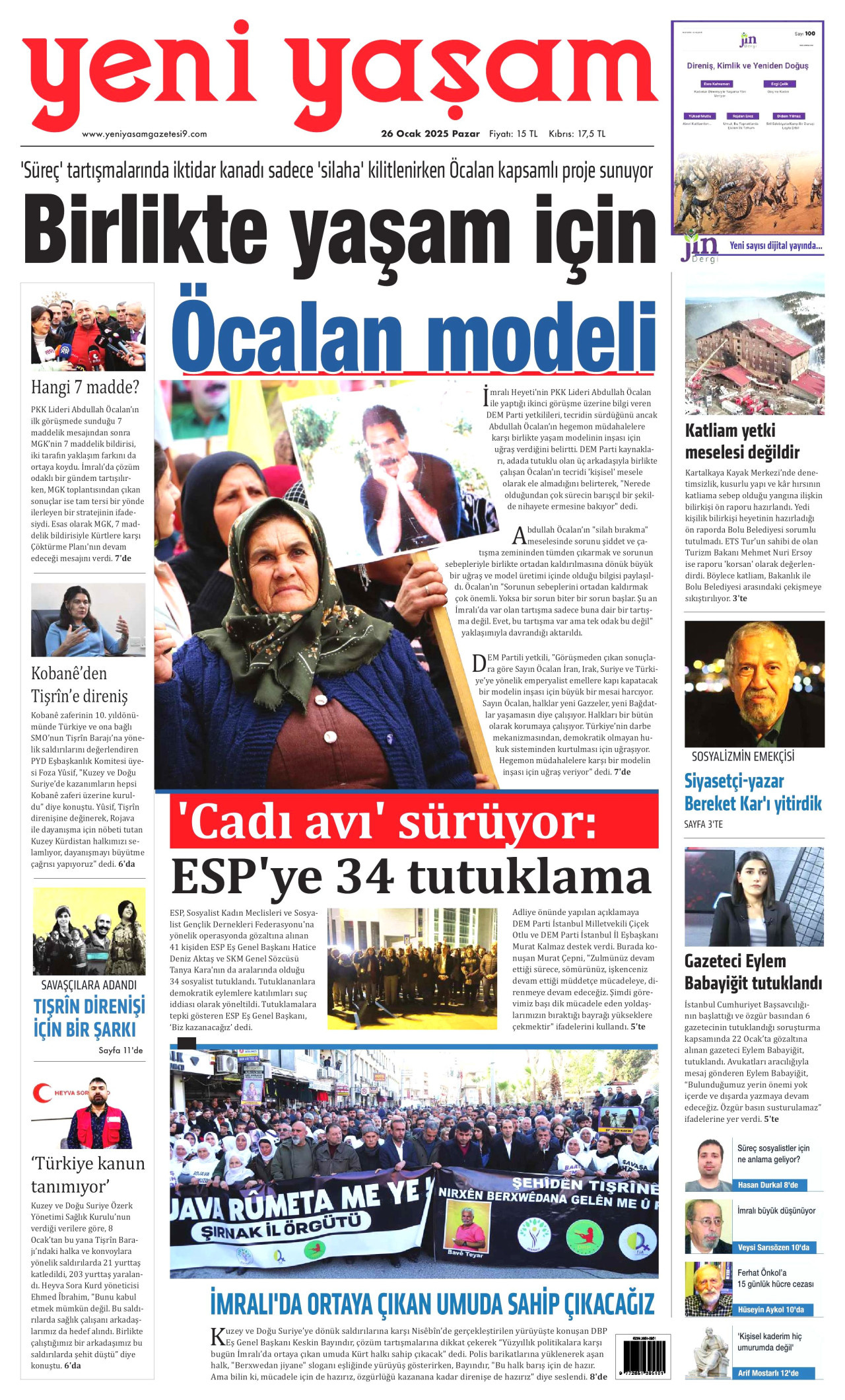 YENİ YAŞAM gazetesinin 26 Ocak 2025 tarihli birinci sayfası
