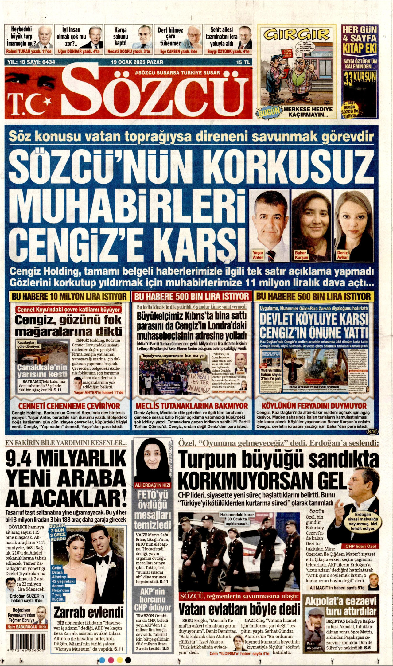 SÖZCÜ gazetesinin 19 Ocak 2025 tarihli birinci sayfası