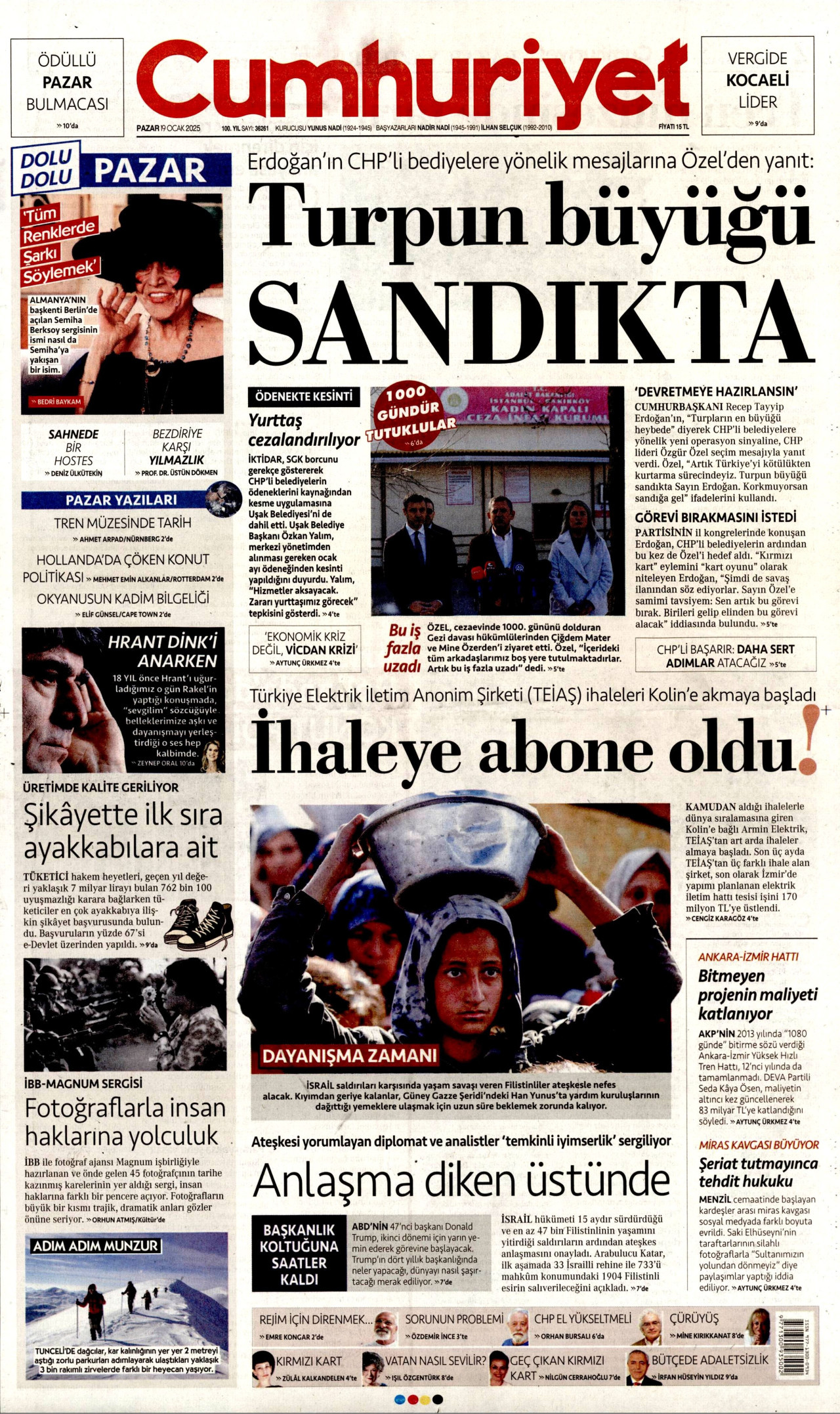 CUMHURİYET gazetesinin 19 Ocak 2025 tarihli birinci sayfası