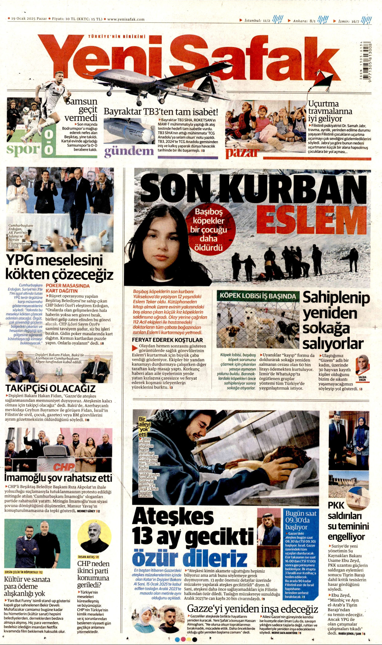 YENİ ŞAFAK gazetesinin 19 Ocak 2025 tarihli birinci sayfası