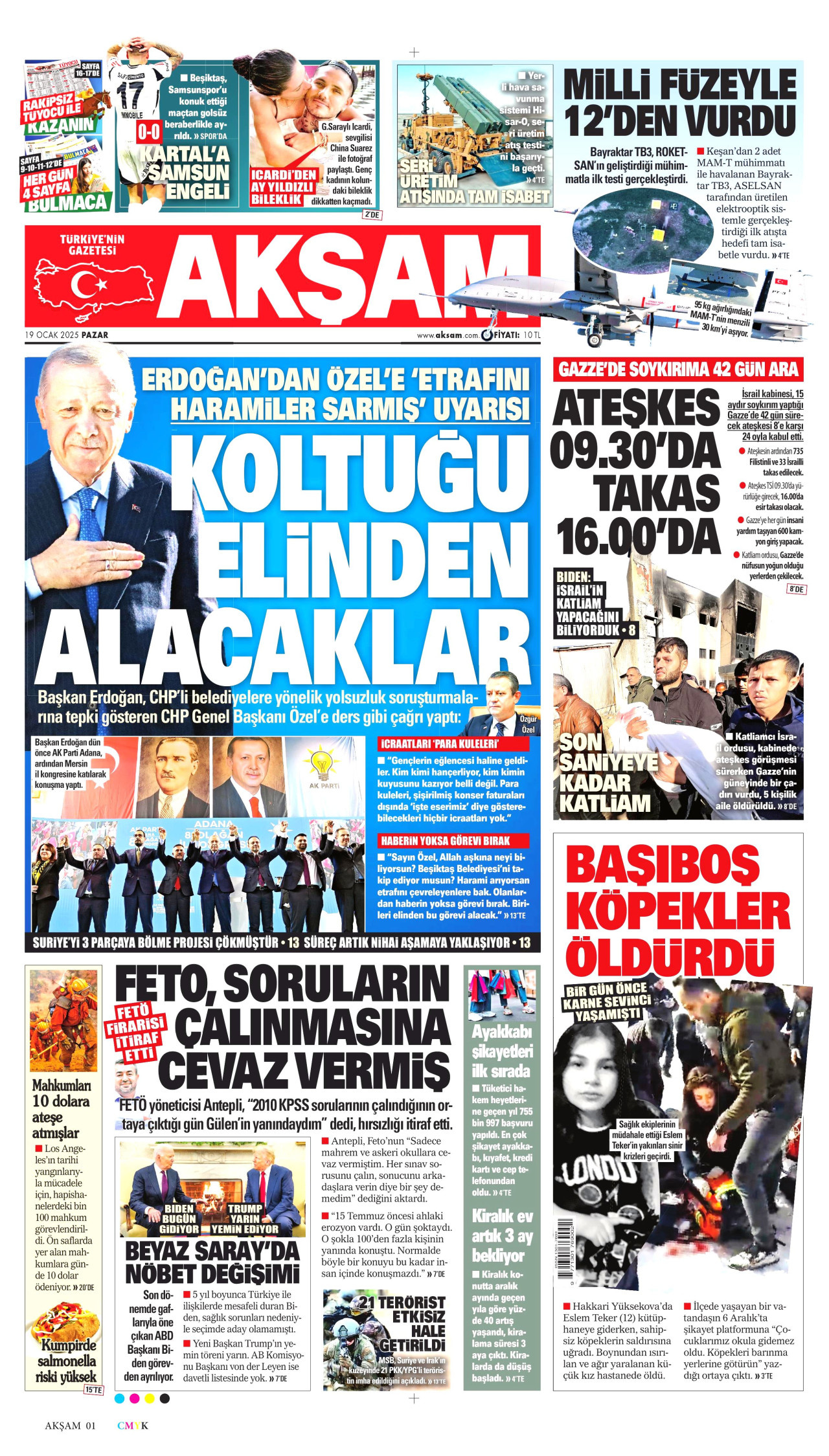 AKŞAM gazetesinin 19 Ocak 2025 tarihli birinci sayfası