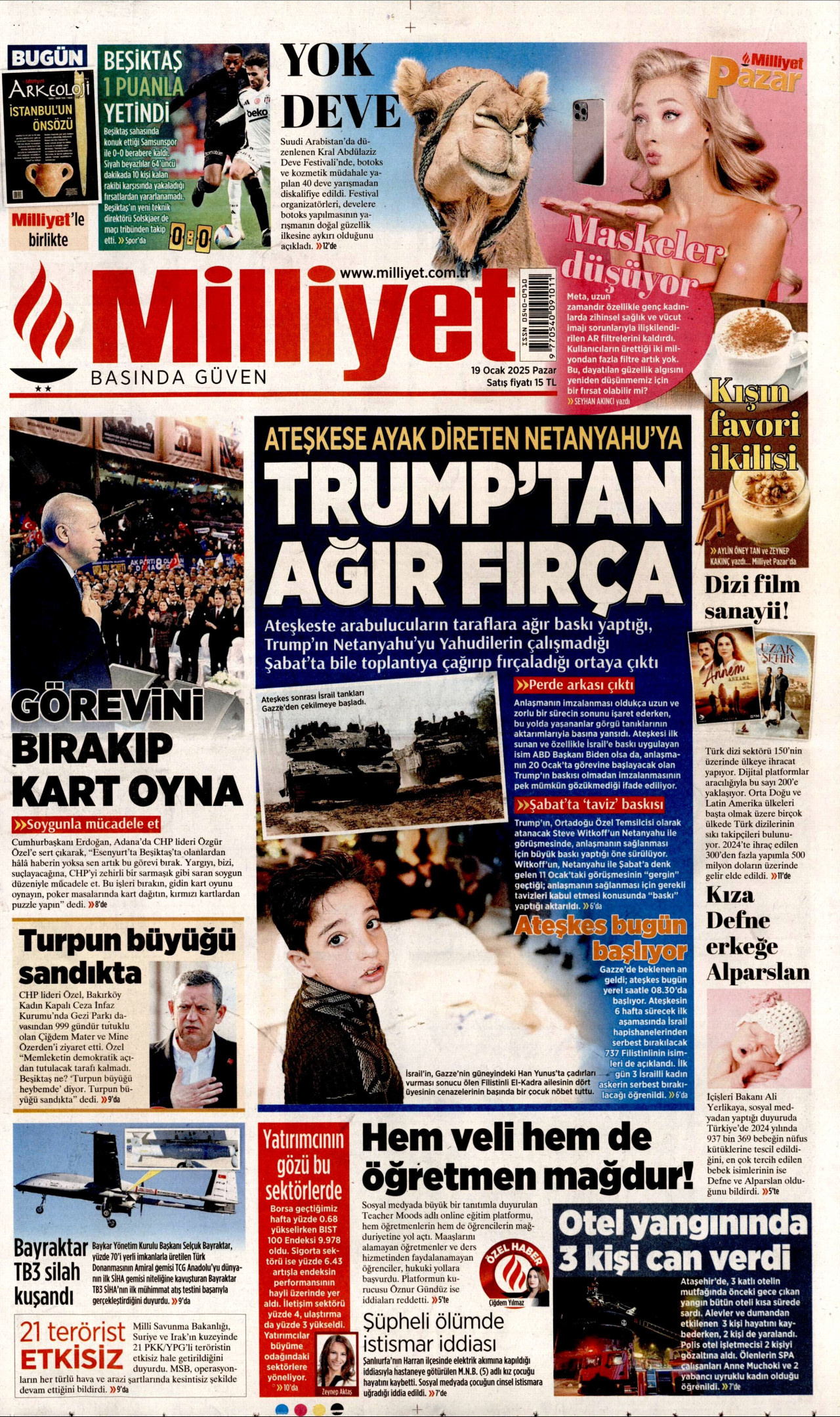 MİLLİYET gazetesinin 19 Ocak 2025 tarihli birinci sayfası