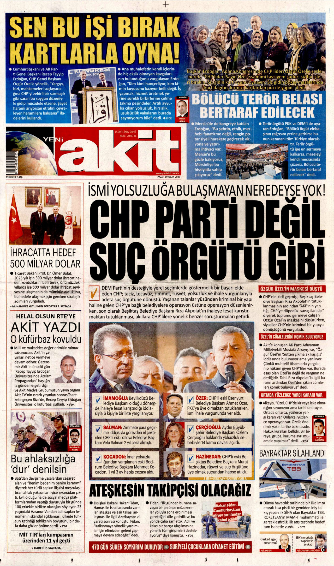 YENİ AKİT gazetesinin 19 Ocak 2025 tarihli birinci sayfası