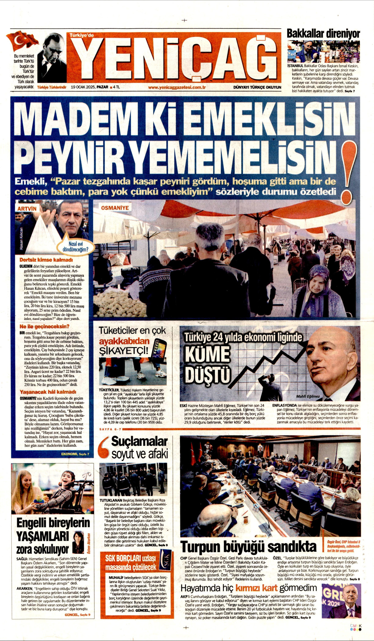 YENİÇAĞ gazetesinin 19 Ocak 2025 tarihli birinci sayfası