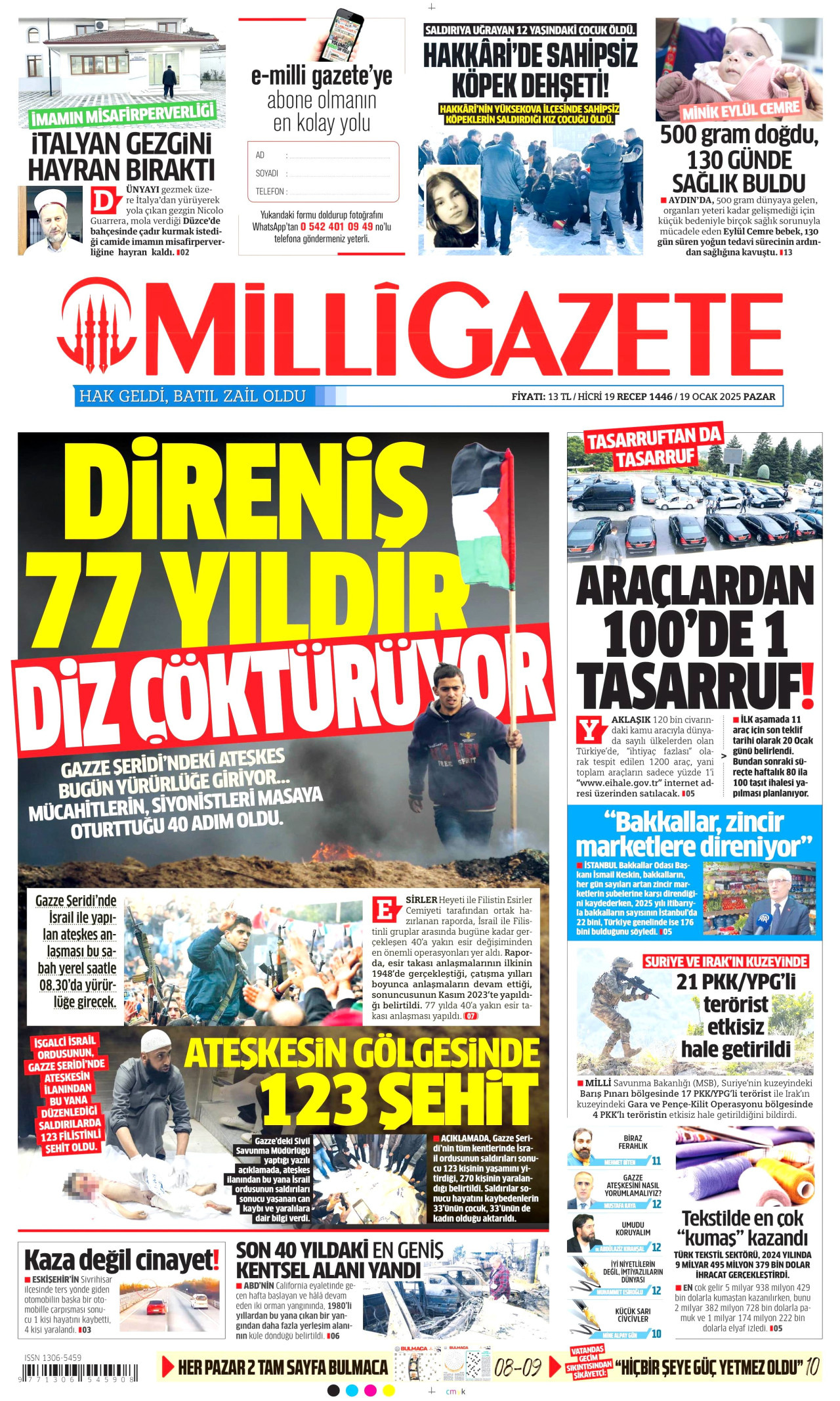 MİLLİ GAZETE gazetesinin 19 Ocak 2025 tarihli birinci sayfası