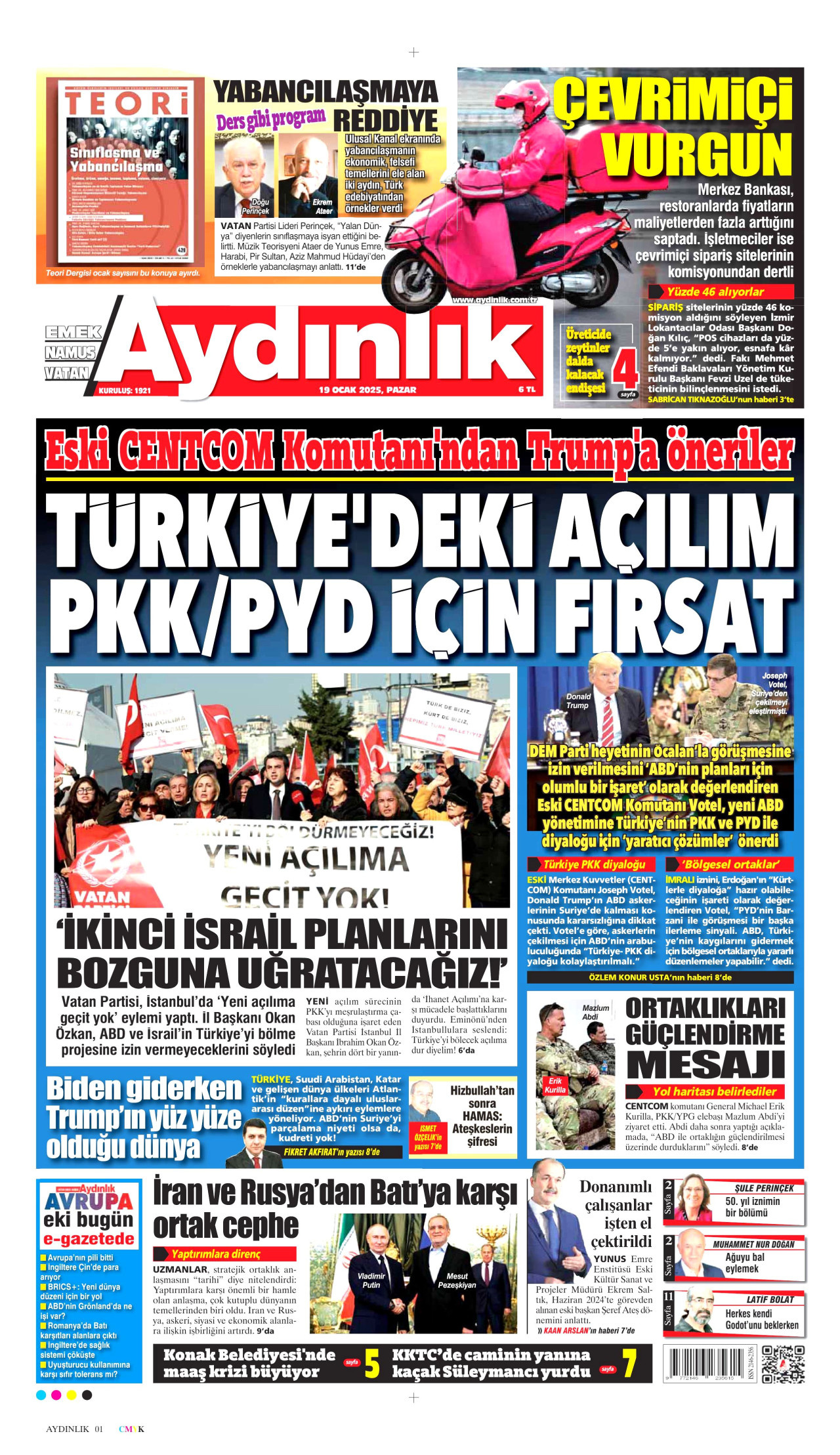 AYDINLIK GAZETESİ gazetesinin 19 Ocak 2025 tarihli birinci sayfası