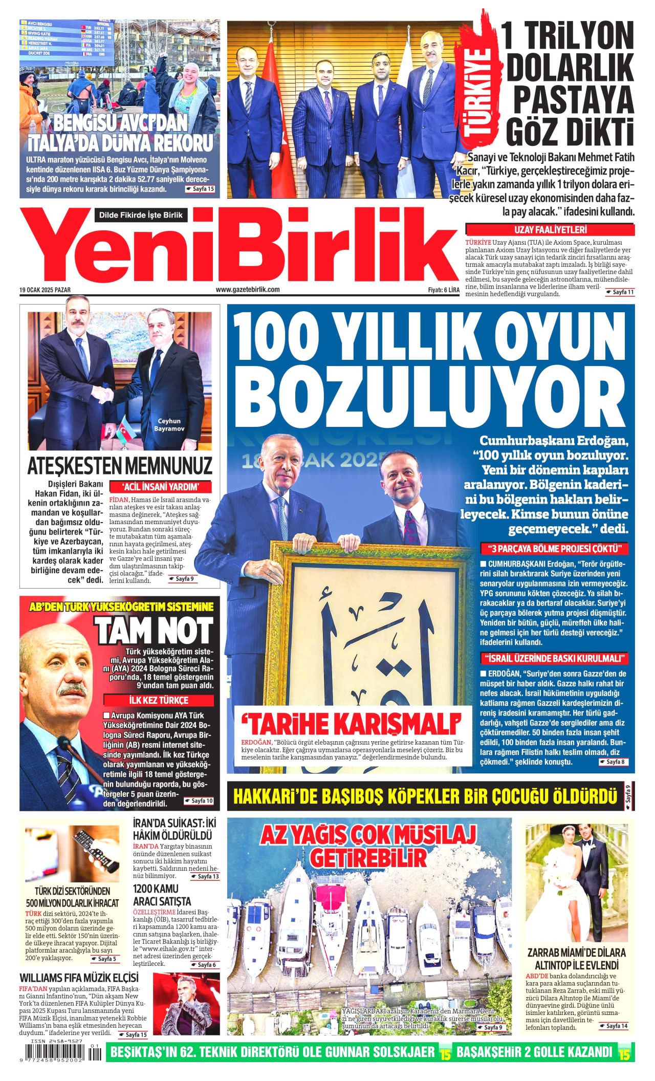 YENİBİRLİK gazetesinin 19 Ocak 2025 tarihli birinci sayfası
