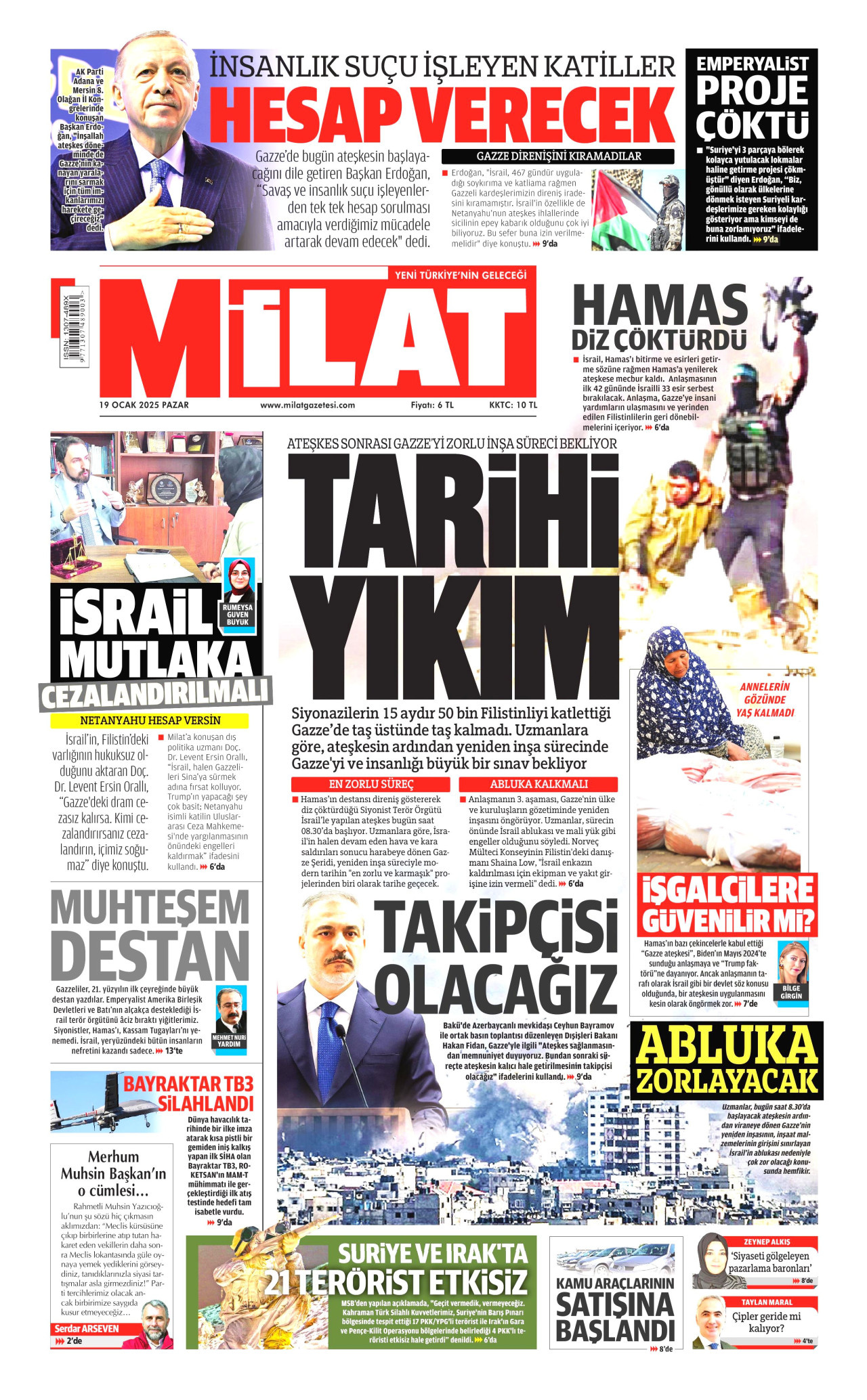 MİLAT gazetesinin 19 Ocak 2025 tarihli birinci sayfası