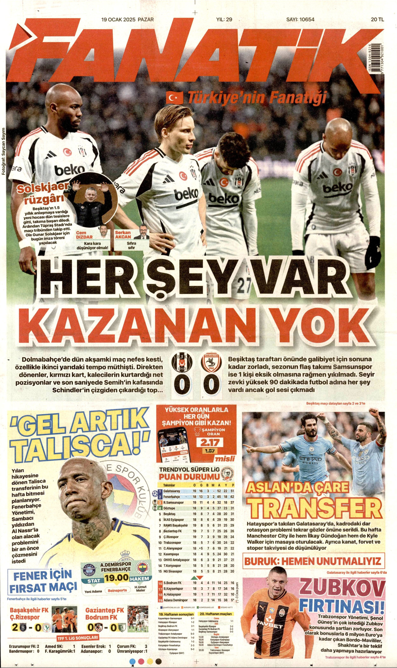 FANATİK gazetesinin 19 Ocak 2025 tarihli birinci sayfası
