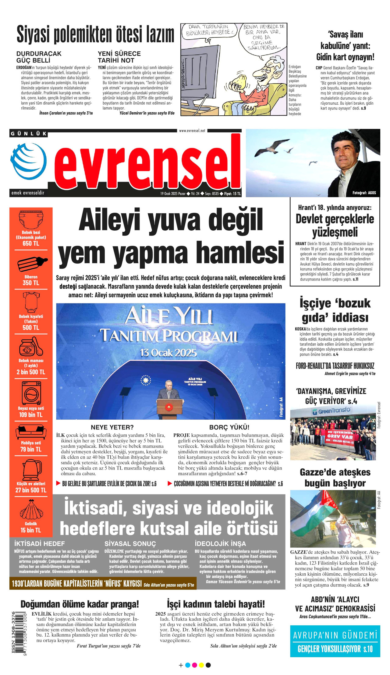 EVRENSEL gazetesinin 19 Ocak 2025 tarihli birinci sayfası