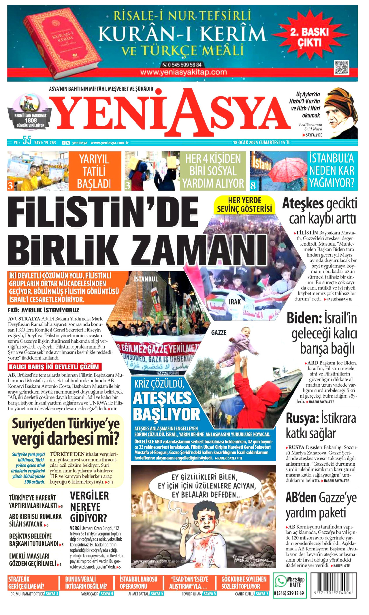 YENİ ASYA gazetesinin 19 Ocak 2025 tarihli birinci sayfası
