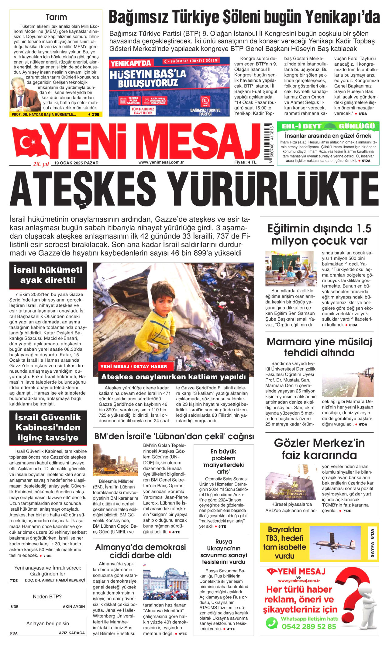 YENİ MESAJ gazetesinin 19 Ocak 2025 tarihli birinci sayfası