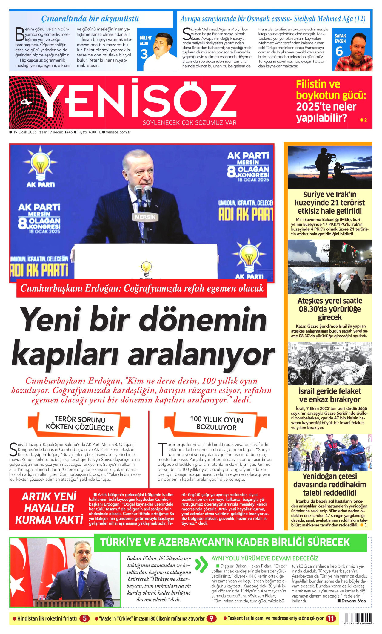 YENİ SÖZ GAZETESİ gazetesinin 19 Ocak 2025 tarihli birinci sayfası