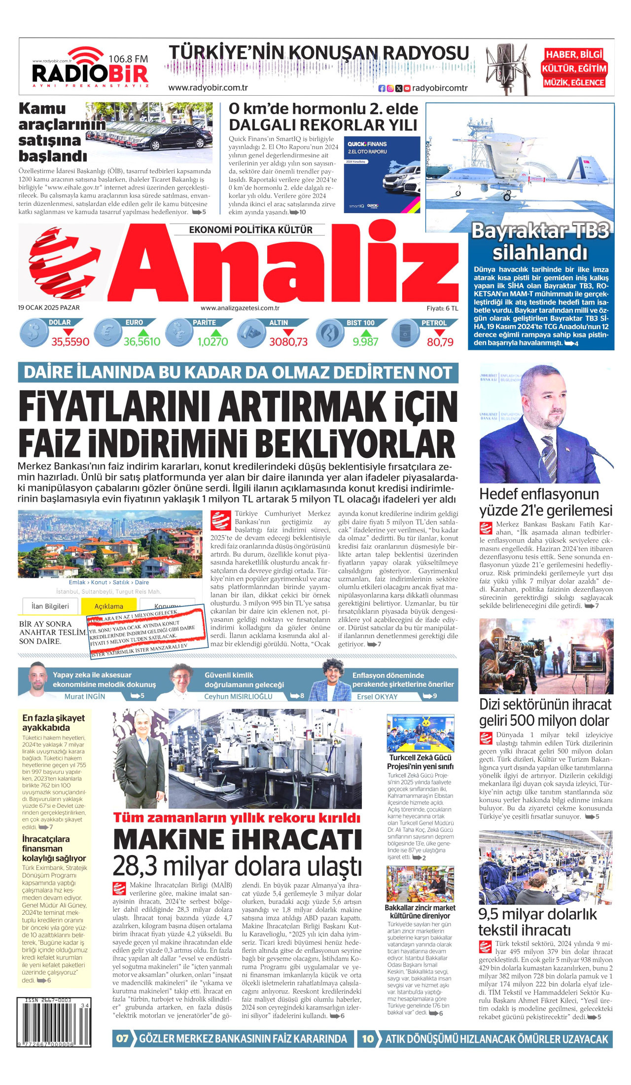 ANALİZ gazetesinin 19 Ocak 2025 tarihli birinci sayfası